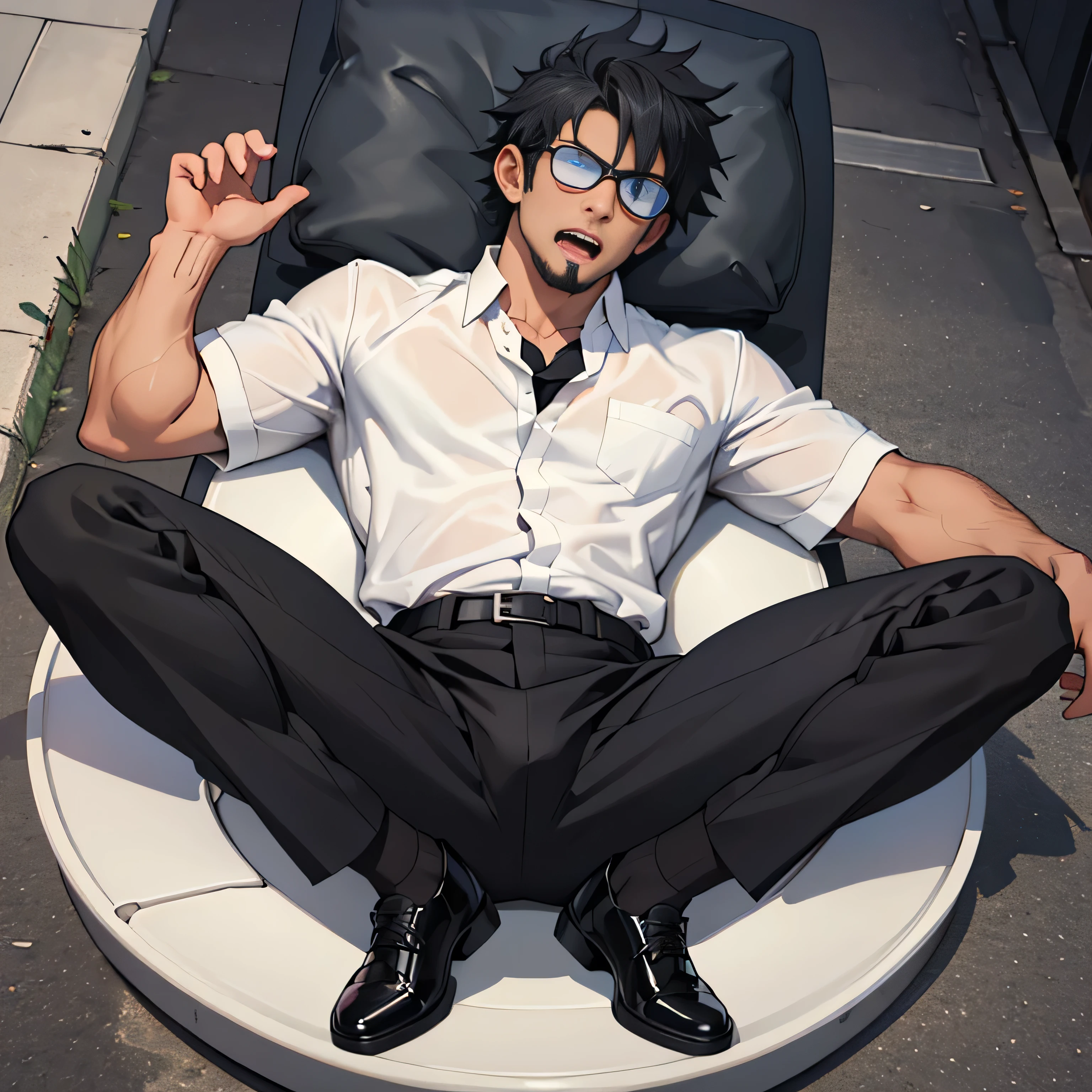 20 years old,,Simple white shirt、black tie,  black slim pants 、 lying on the ground  ,Spread your legs wider,black belt,Black socks,Black leather shoes,logic, Gay , black hair, Shorthair, thick eyebrows,Stubble, Lightly Set Your Hair with Wax , Hachiman Hachiman,Masculine,salaryman,Mob characters,Bad Actor , The crotch part of the pants is bulging, Erotic 3D Finish , 　View from above　Open your mouth wide and scream　 face up 　 black sunglasses that don't depict me