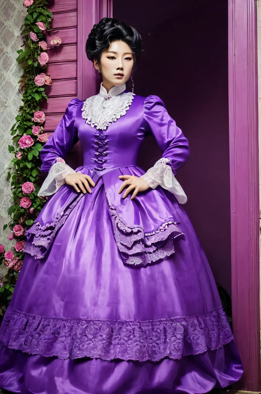 A Korean man in ladies victorian dresses, he is crossdresser, big breasts like a woman, slender female body, His hairstyle is short and manly, long sleeves, purple, vintage dress, rococo dress, silk, satin