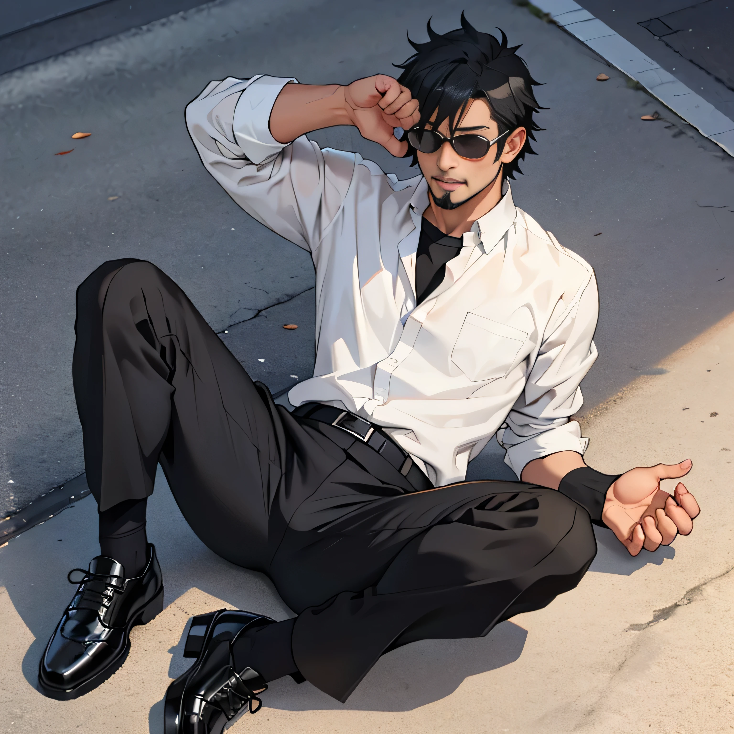 20 years old,,Simple white shirt、black tie,  black slim pants 、 lying on the ground  ,Spread your legs wider,black belt,Black socks,Black leather shoes,logic, Gay , black hair, Shorthair, thick eyebrows,Stubble, Lightly Set Your Hair with Wax , Hachiman Hachiman,Masculine,salaryman,Mob characters,Bad Actor , The crotch part of the pants is bulging, Erotic 3D Finish , 　View from above　Open your mouth wide and scream　 face up 　 black sunglasses that don't depict me