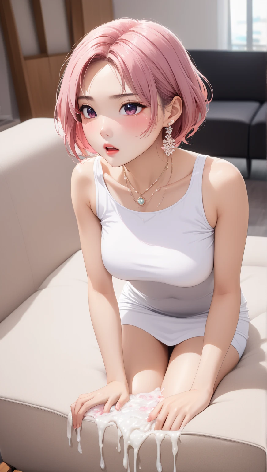 (((masterpiece))),(((High resolution)))、(((8K)))、(((perfect face)))、one beautiful Woman, (((beauty of japan)))、30 years old、(((beautiful face))), Detailed eyes and skin, detailed facial features,(((white tight tanktop dress)), pink short hair, sit on the sofa, tight dress, short dress. embarrassed look, look at the camera, detailed texture, look at the camera, all body, big, cool women, bare legs, living room, casual wife, sexy pose (((high resolution eyes))),（A lot of cum on breast:1.2）、 blush、Humiliated、impatience、Disappointment、Scared、Glare、Be sexually aroused、Taunt、 Embarrassed from、 shiny little earrings and necklace、dressing、Beautiful woman , view from above