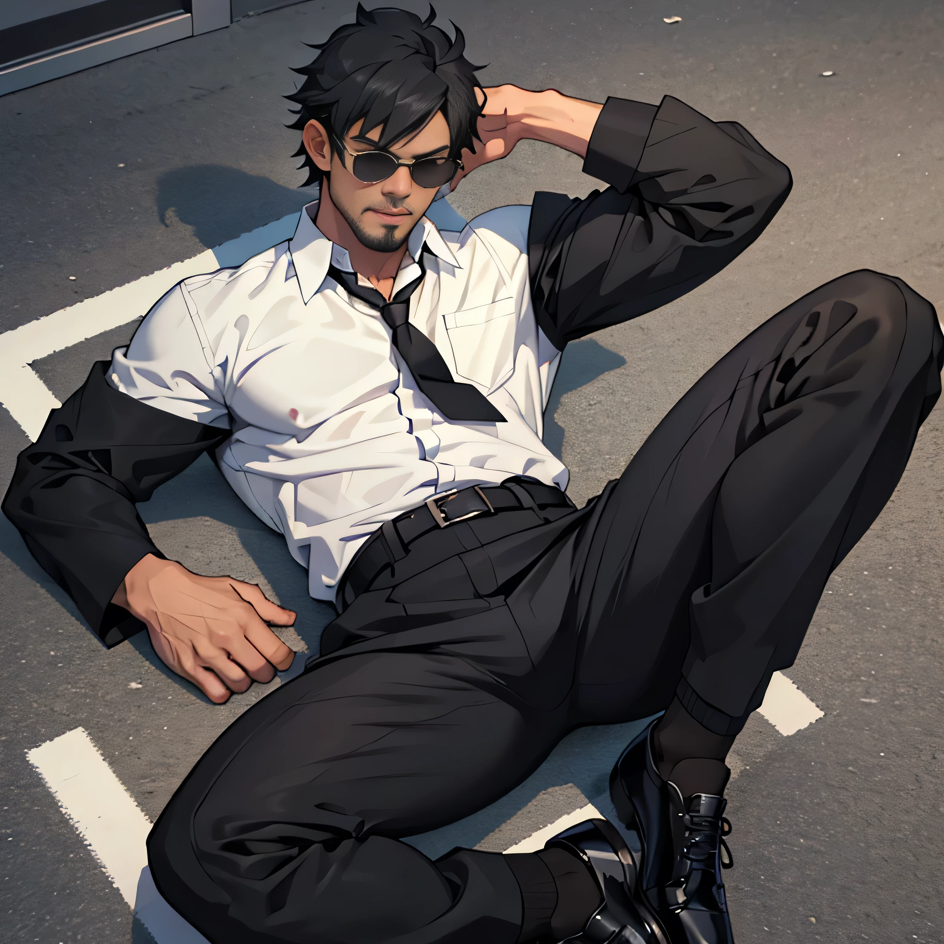 20 years old,,Simple white shirt、black tie,  black slim pants 、 lying on the ground  ,Spread your legs wider,black belt,Black socks,Black leather shoes,logic, Gay , black hair, Shorthair, thick eyebrows,Stubble, Lightly Set Your Hair with Wax , Hachiman Hachiman,Masculine,salaryman,Mob characters,Bad Actor , The crotch part of the pants is bulging, Erotic 3D Finish , 　View from above　Open your mouth wide and scream　 face up 　 black sunglasses that don't depict me