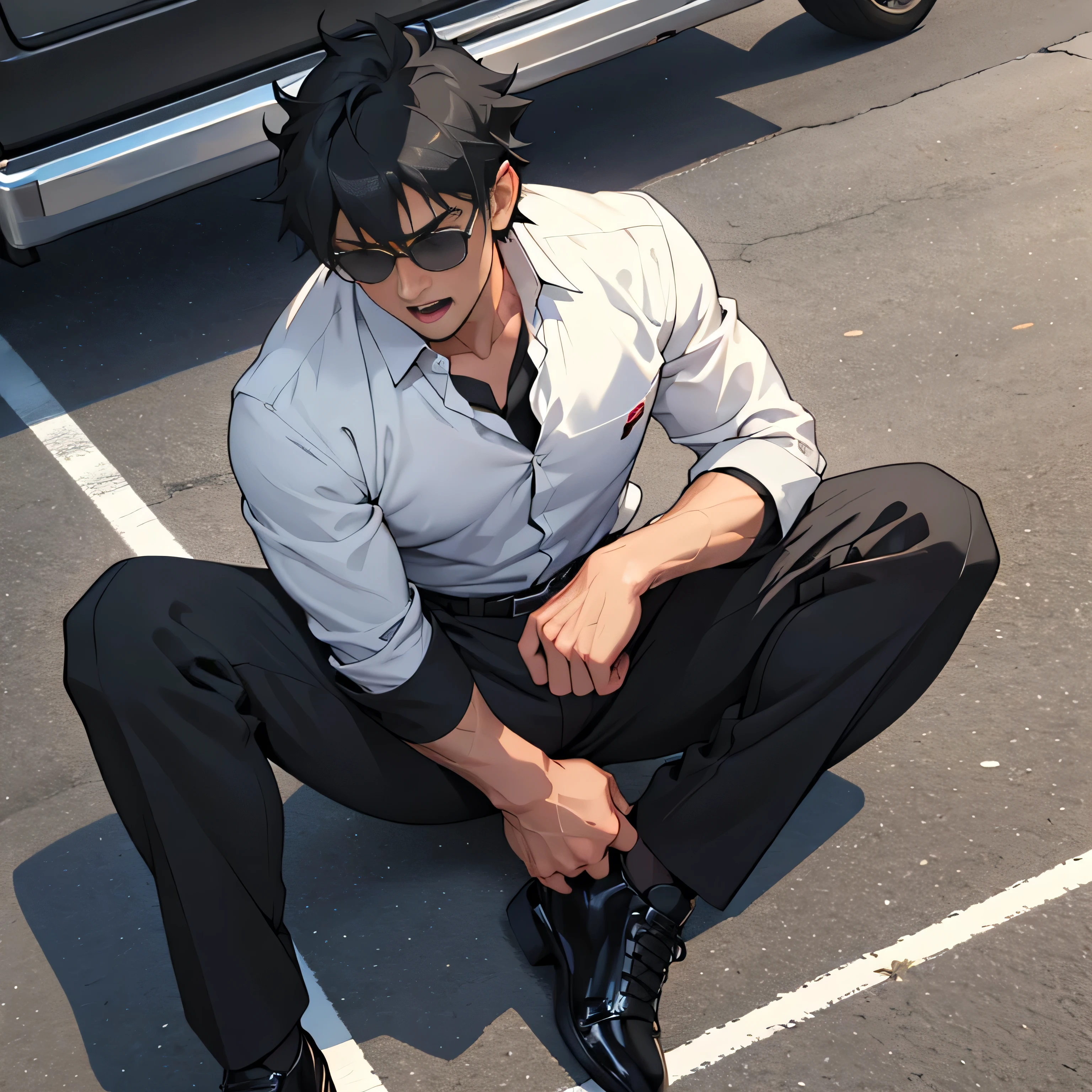 20 years old,,Simple white shirt、black tie,  black slim pants 、 lying on the ground  ,Spread your legs wider,black belt,Black socks,Black leather shoes,logic, Gay , black hair, Shorthair, thick eyebrows,Stubble, Lightly Set Your Hair with Wax , Hachiman Hachiman,Masculine,salaryman,Mob characters,Bad Actor , The crotch part of the pants is bulging, Erotic 3D Finish , 　View from above　Open your mouth wide and scream　 face up 　 black sunglasses that don't depict me