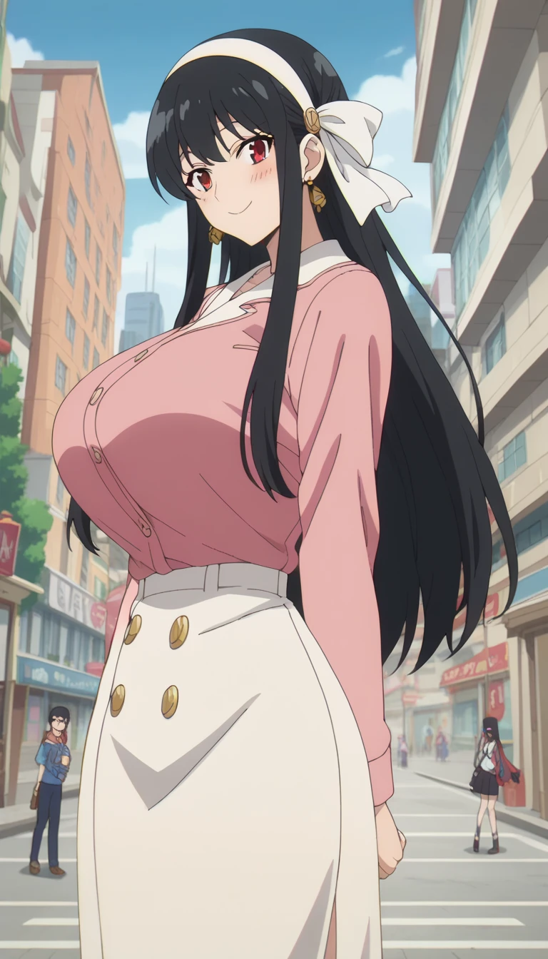 Prompt: (huge gigantic super mega hyper:1.1),(biggest round giant massive :1.1), (only one women), front view, city,sexy poses, source_anime,masterpiece,best quality,highres,absurdres,official art,official style,source_anime,anime screencap,anime coloring,megami magazine,anime,animated,explicit, shiny skin,large breasts,  black hair , yor ,spyxfamily,blush, side, on side,   yor,black hair, red eyes, gold earrings, looking at viewer,long hair with long locks, sidelocks, white hairband, hair ribbon,happy, 