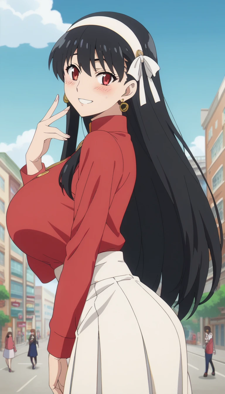 Prompt: (huge gigantic super mega hyper:1.1),(biggest round giant massive :1.1), (only one women), front view, city,sexy poses, source_anime,masterpiece,best quality,highres,absurdres,official art,official style,source_anime,anime screencap,anime coloring,megami magazine,anime,animated,explicit, shiny skin,large breasts,  black hair , yor ,spyxfamily,blush, side, on side,   yor,black hair, red eyes, gold earrings, looking at viewer,long hair with long locks, sidelocks, white hairband, hair ribbon,happy, 