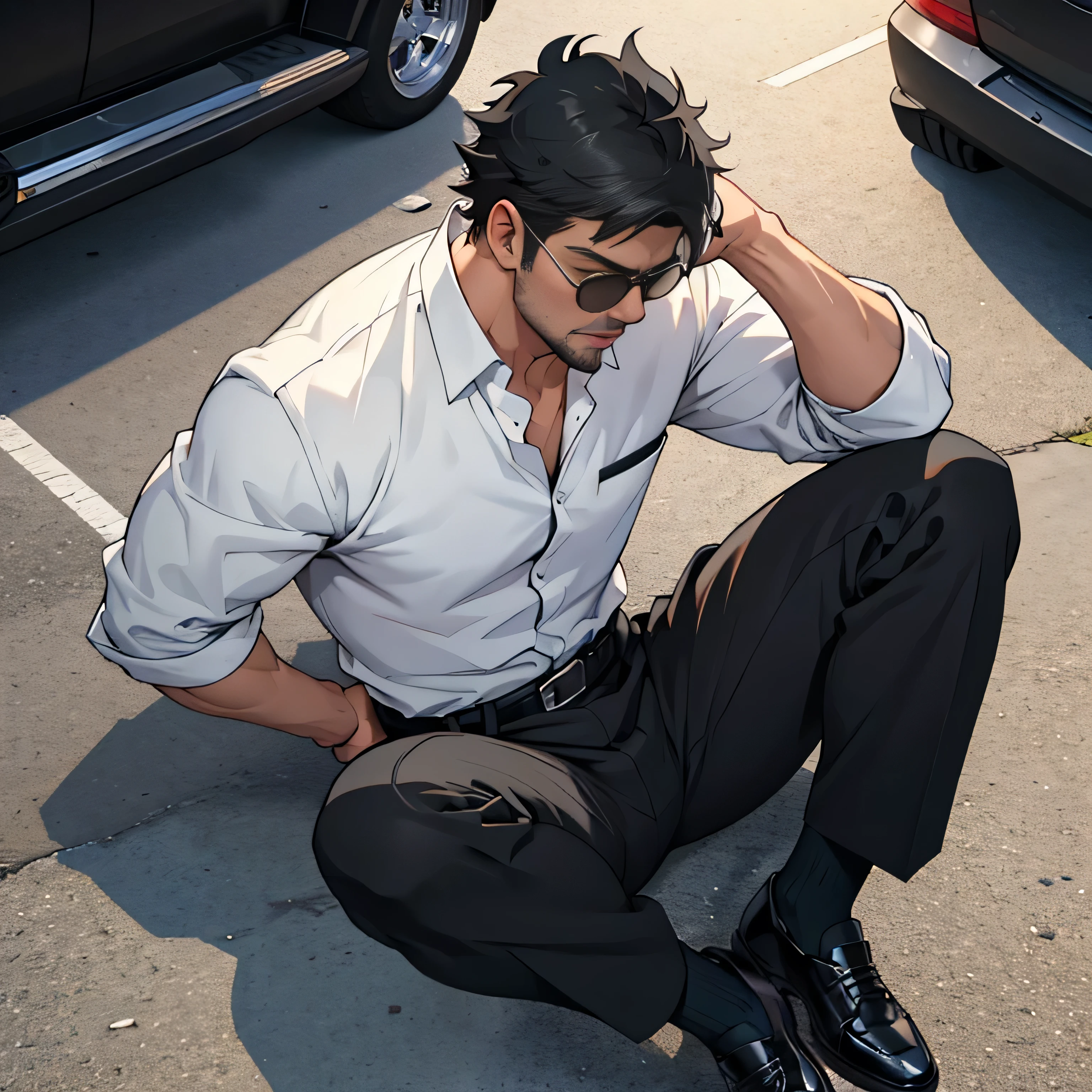 20 years old,,Simple white shirt、black tie,  black slim pants 、 lying on the ground  ,Spread your legs wider,black belt,Black socks,Black leather shoes,logic, Gay , black hair, Shorthair, thick eyebrows,Stubble, Lightly Set Your Hair with Wax , Hachiman Hachiman,Masculine,salaryman,Mob characters,Bad Actor , The crotch part of the pants is bulging, Erotic 3D Finish , 　View from above　Suffering face　 face up 　 black sunglasses that don't depict me