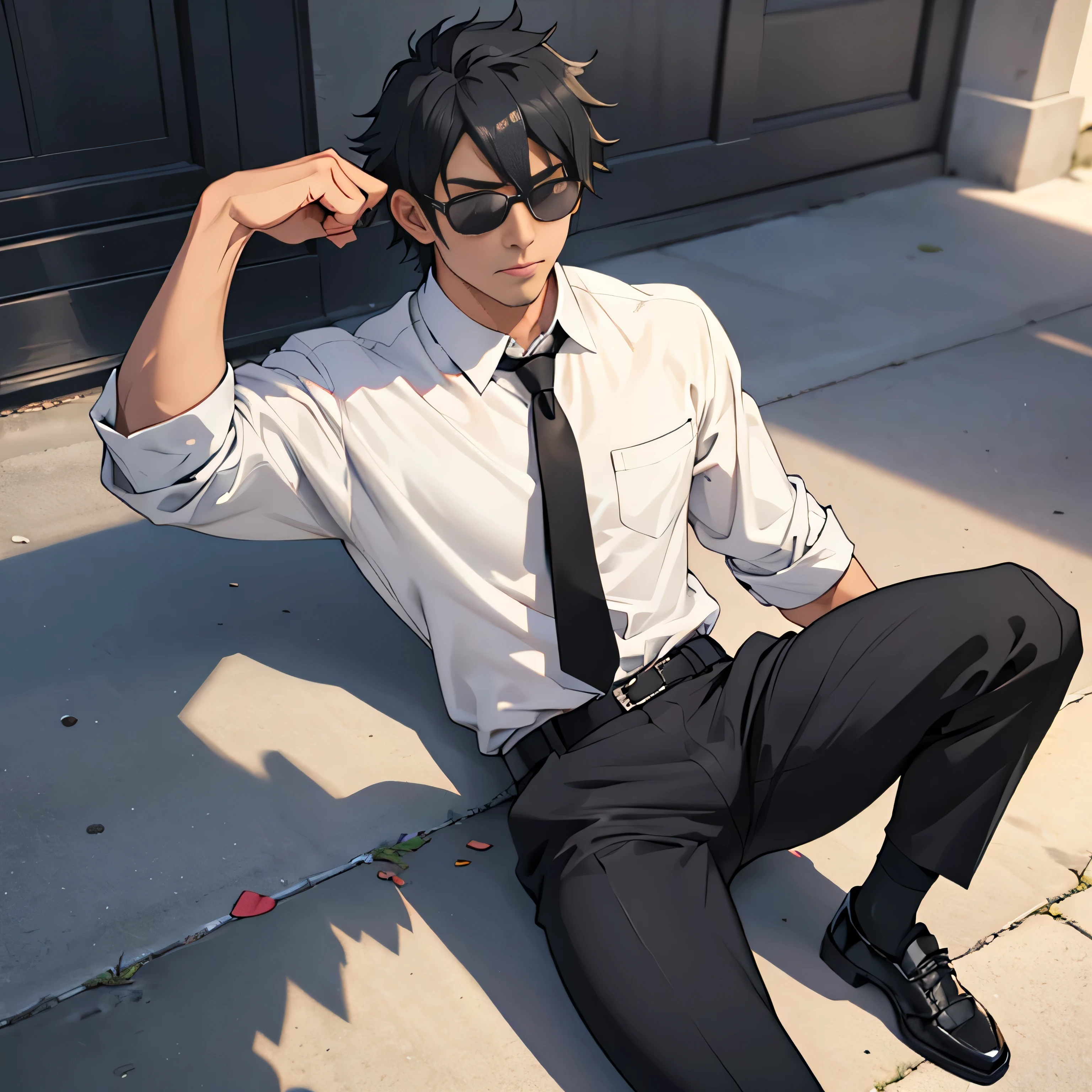 20 years old,,Simple white shirt、black tie,  black slim pants 、 lying on the ground  ,Spread your legs wider,black belt,Black socks,Black leather shoes,logic, Gay , black hair, Shorthair, thick eyebrows,Stubble, Lightly Set Your Hair with Wax , Hachiman Hachiman,Masculine,salaryman,Mob characters,Bad Actor , The crotch part of the pants is bulging, Erotic 3D Finish , 　View from above　Suffering face　 face up 　 black sunglasses that don't depict me