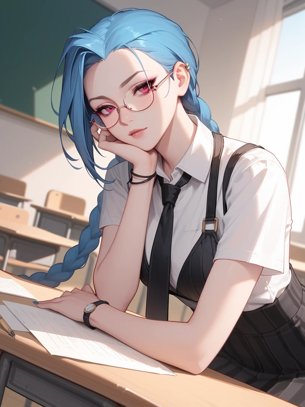 fit angle, anime, naughty girl like JINX, bored facial, necktie, glasses, in the classroom, evening light,