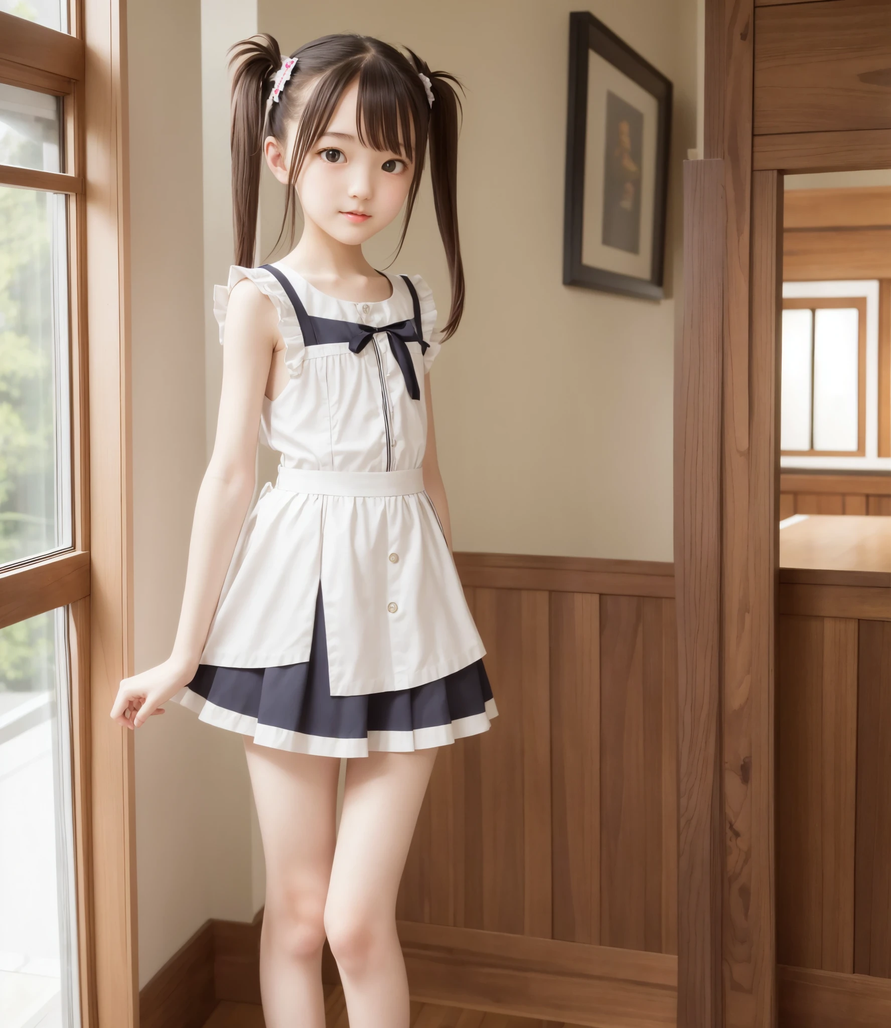 Maid,cute pretty girl,masterpiece,high definition,4k,8k,16k,twin tails,brown hair,slender body,thin leg, thin arm, thin body,small,18yo