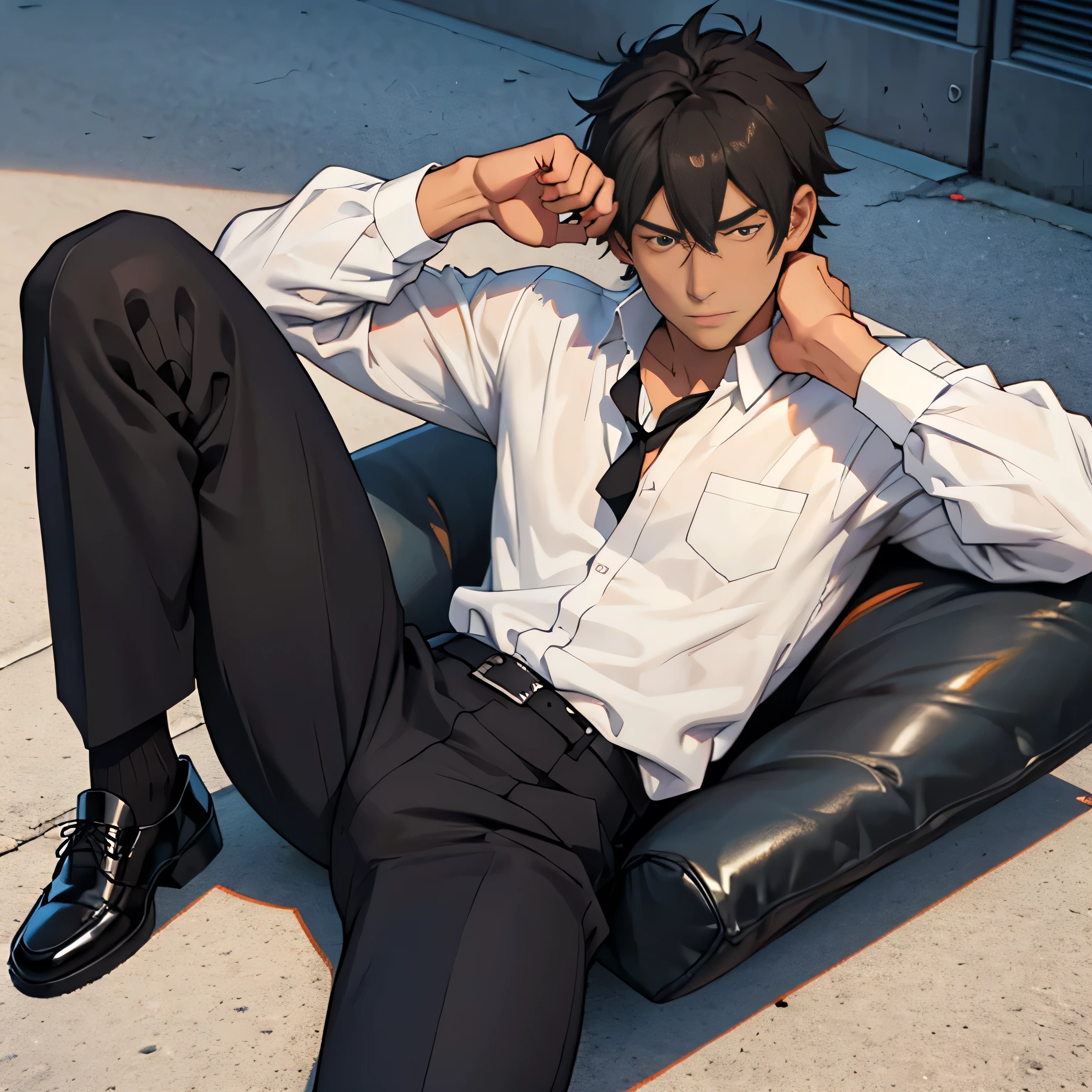 20 years old,,Simple white shirt、black tie,  black slim pants 、 lying on the ground  ,Spread your legs wider,black belt,Black socks,Black leather shoes,logic, Gay ,Brown Hair, Shorthair, thick eyebrows,Stubble, Lightly Set Your Hair with Wax , Hachiman Hachiman,Masculine,salaryman,Mob characters,Bad Actor , The crotch part of the pants is bulging, Erotic 3D Finish , 　View from above　Suffering face　 face up 　