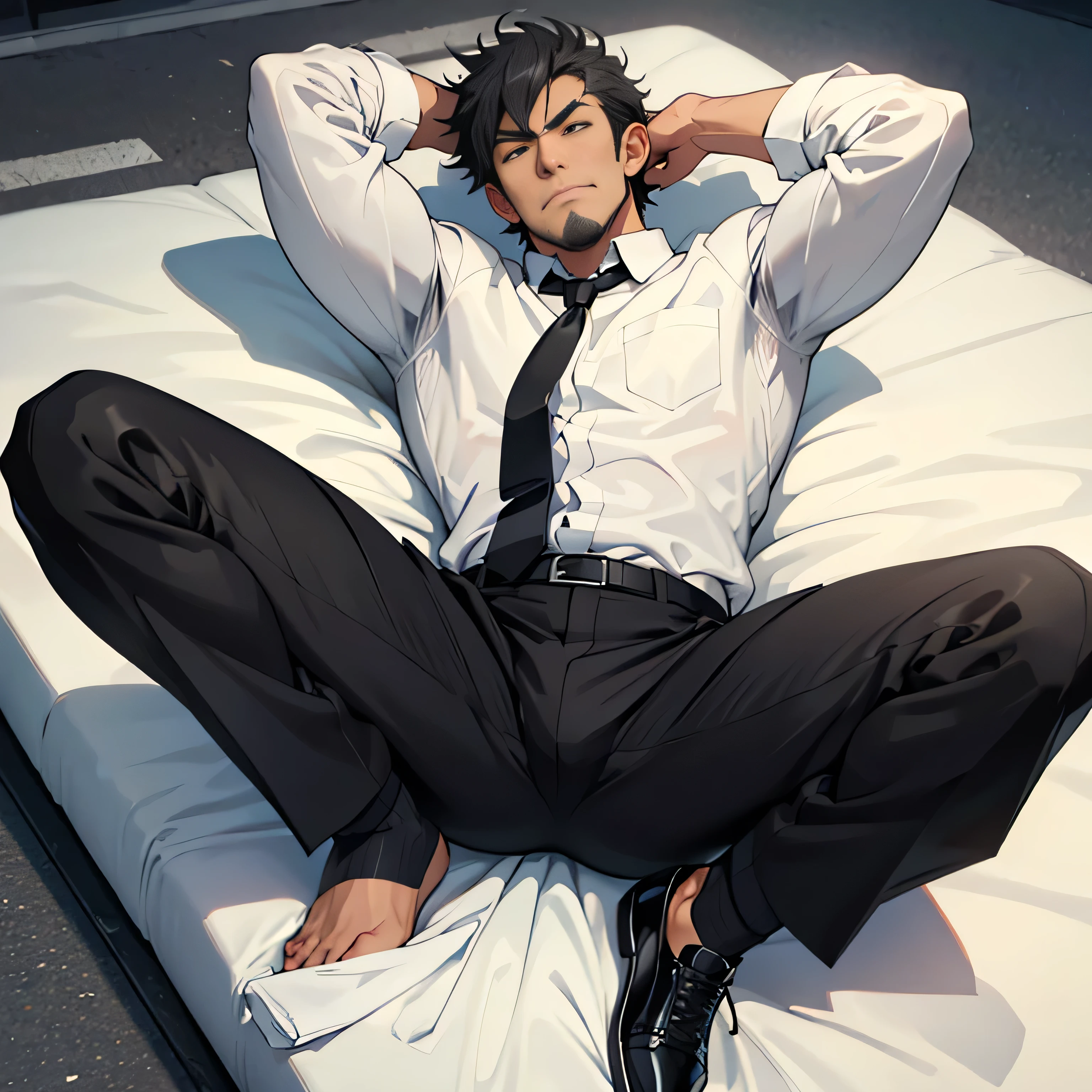 20 years old,,Simple white shirt、black tie,  black slim pants 、 lying on the ground  ,Spread your legs wider,black belt,Black socks,Black leather shoes,logic, Gay , black hair, Shorthair, thick eyebrows,Stubble, Lightly Set Your Hair with Wax , Hachiman Hachiman,Masculine,salaryman,Mob characters,Bad Actor , The crotch part of the pants is bulging, Erotic 3D Finish , 　View from above　Suffering face　 face up 　