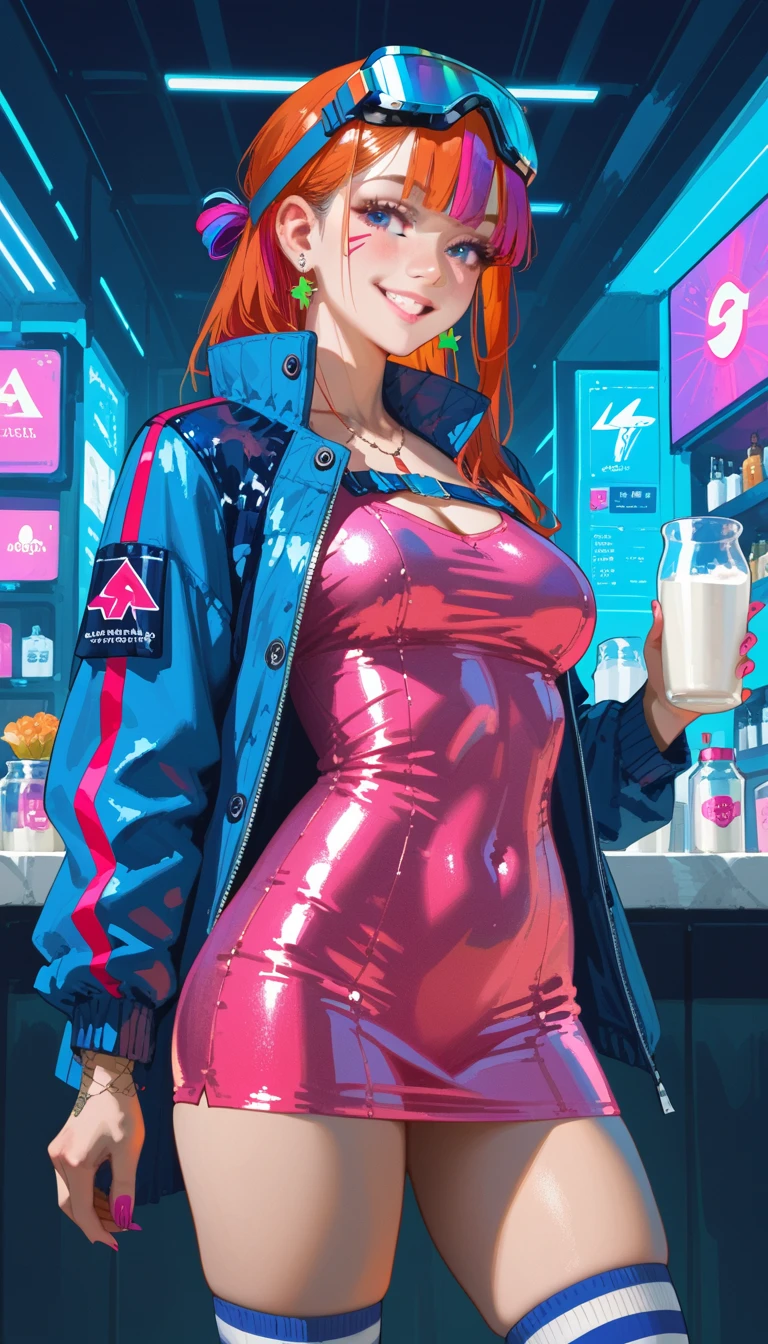 score_9, score_8_up, score_7_up, score_6_up, score_5_up, score_4_up,Cyberpunk girl, fashionable, high sensitivity max, striped knee socks, attractive body, 26-year-old girl, mischievous smile, Gorgora nomad, milk blend coloring, approaching the viewer, stylish transparent glass goggles, (smudged rainbow mixed mini dress),
(high definition),(masterpiece), (realistic), (attention to detail), (sharp focus),(highest quality), (detailed skin), (exquisite detail), (8k),