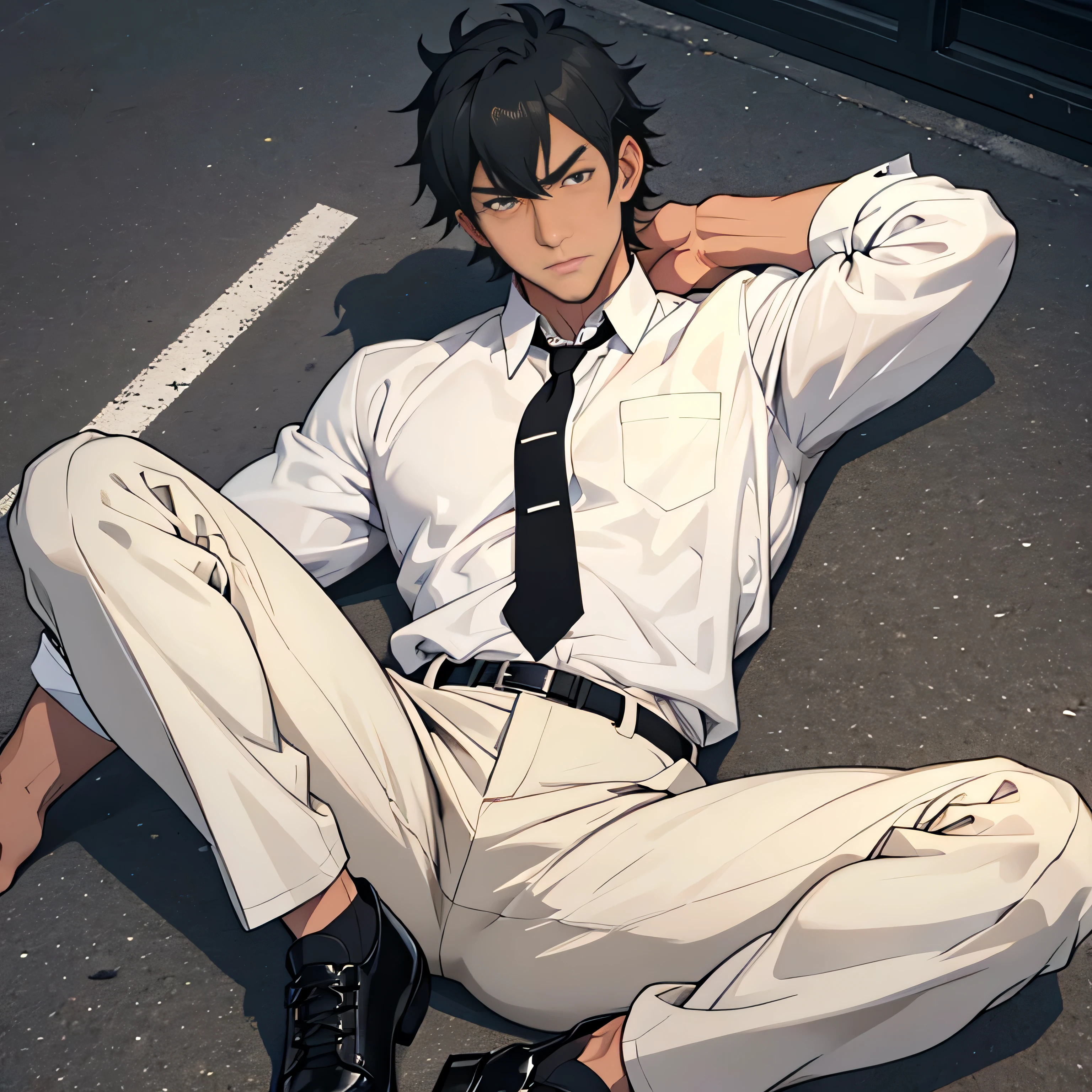 20 years old,,Simple white shirt、black tie,  black slim pants 、 lying on the ground  ,Spread your legs wider,black belt,Black socks,Black leather shoes,logic, Gay , black hair, Shorthair, thick eyebrows,Stubble, Lightly Set Your Hair with Wax , Hachiman Hachiman,Masculine,salaryman,Mob characters,Bad Actor , The crotch part of the pants is bulging, Erotic 3D Finish , 　View from above　Suffering face　 face up 　