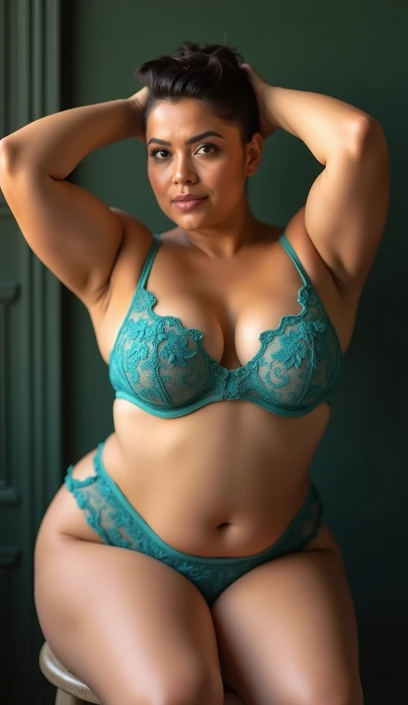 Ponytail,Red underwear,Plus size bbw indonesian ,chubby face, big ,(( high waist purple underwears)), style bra, cool temperatures color