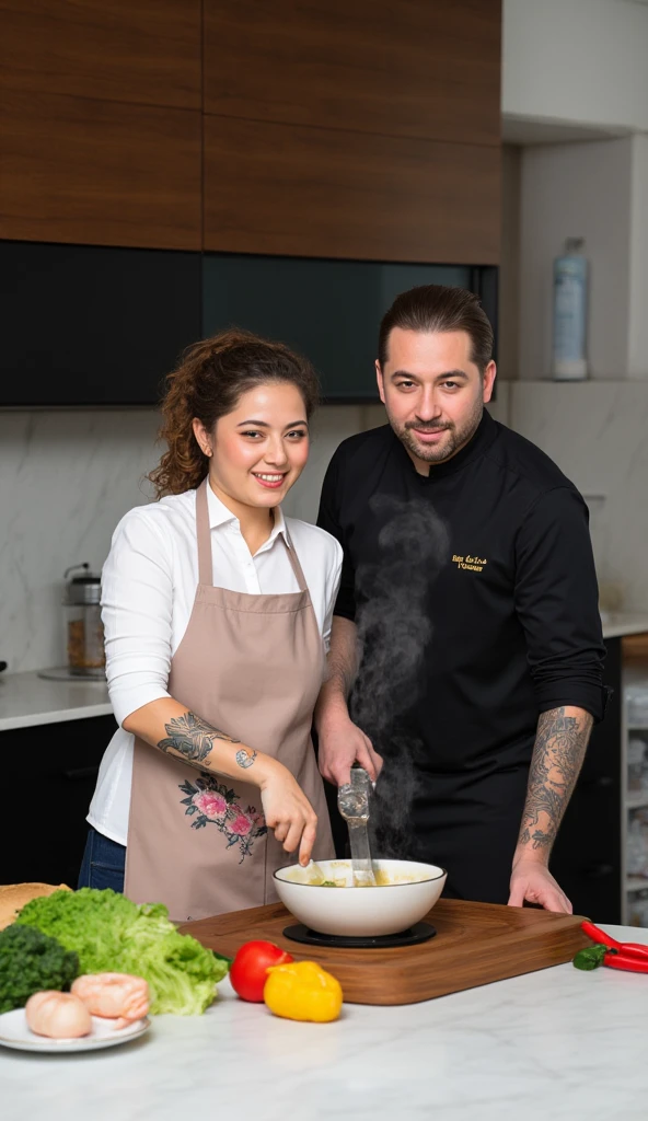 An Instagram influencer known as Surthycook is captured mid-action while preparing an elaborate feast for her Instagram content, accompanied by the renowned chef, Mr. Tong. Surthycook is a charming and charismatic woman in her late 20s, with glowing skin, sharp almond-shaped eyes, and a radiant smile that exudes confidence and warmth. Her wavy, shoulder-length hair is tied back neatly, with a few loose strands framing her face. She wears a fitted white blouse with rolled-up sleeves and a chic apron adorned with subtle floral patterns, blending style and practicality.  
Beside her stands Mr. Tong, exuding an aura of professionalism and quiet charisma. His sharp features, neatly groomed beard, and composed expression reflect his status as a culinary expert. He wears a sleek black chef's jacket with his name, *Mr. Tong*, embroidered in gold, paired with tailored dark trousers. His rolled-up sleeves reveal forearm tattoos with intricate designs, adding a layer of personality and mystique to his polished appearance.  
The scene unfolds in a modern, well-lit kitchen with marble countertops, elegant wooden cabinets, and state-of-the-art cooking appliances. The countertop is filled with vibrant, fresh ingredients—colorful vegetables, aromatic spices, and neatly arranged cooking tools. Mr. Tong is seen guiding Surthycook, demonstrating a precise chopping technique with a sharp knife in hand, while she stirs a large pot with steam rising dramatically, adding depth to the composition.  
Their interaction is lively and engaging, with Mr. Tong’s calm and collected demeanor perfectly complementing Surthycook’s vibrant energy. Both of them occasionally glance at the camera, as if inviting the audience into this dynamic culinary experience.  
The image is captured in stunning realism using a Canon EOS R5 camera equipped with an RF 85mm f/1.2L lens. The camera's precision highlights every detail, from the sheen of Mr. Tong's jacket and his tattoos to the vibrant textures of the ingr