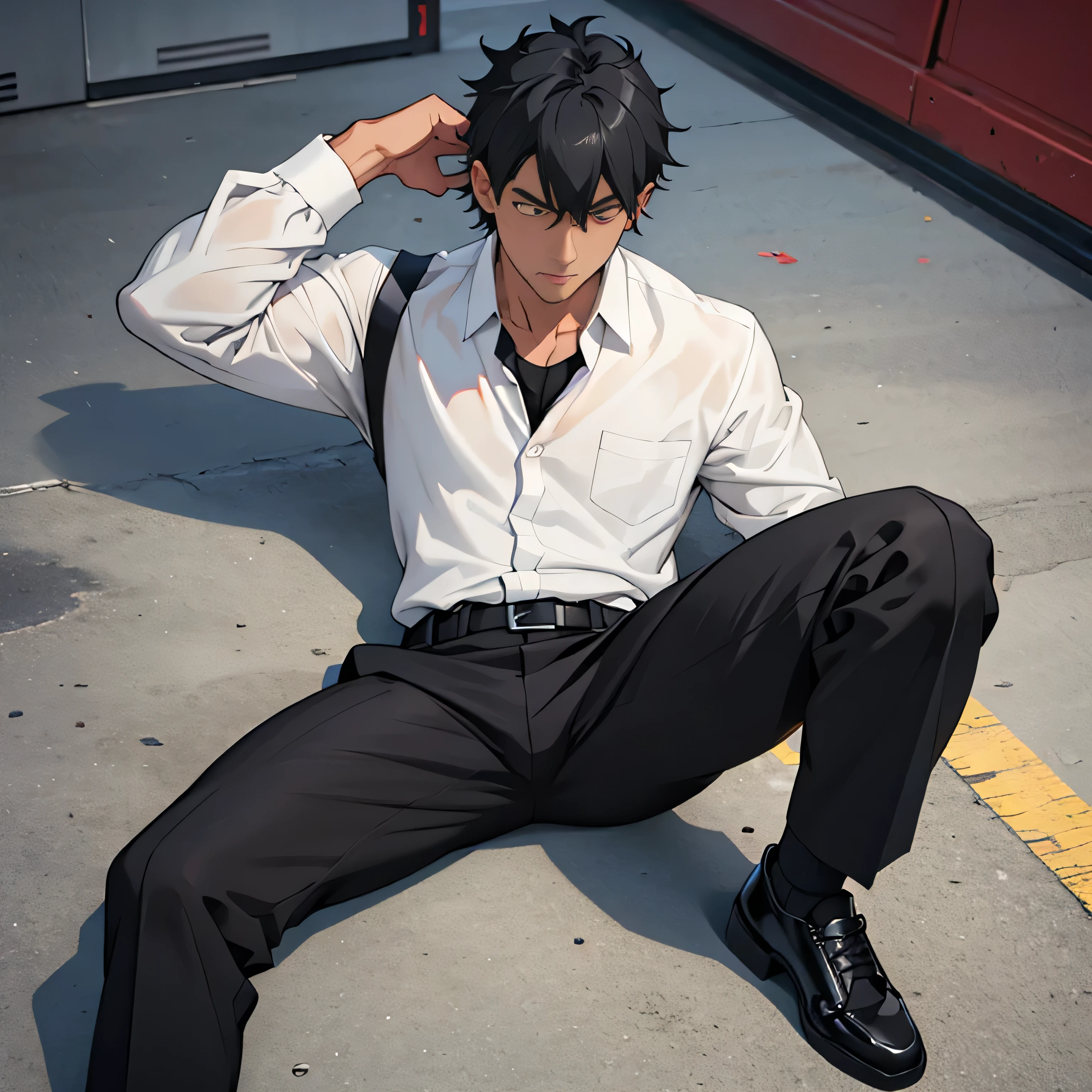 20 years old,,Simple white shirt、black tie,  black slim pants 、 lying on the ground  ,Spread your legs wider,black belt,Black socks,Black leather shoes,logic, Gay , black hair, Shorthair, thick eyebrows,Stubble, Lightly Set Your Hair with Wax , Hachiman Hachiman,Masculine,salaryman,Mob characters,Bad Actor , The crotch part of the pants is bulging, Erotic 3D Finish , 　View from above　Suffering face　 face up 　　