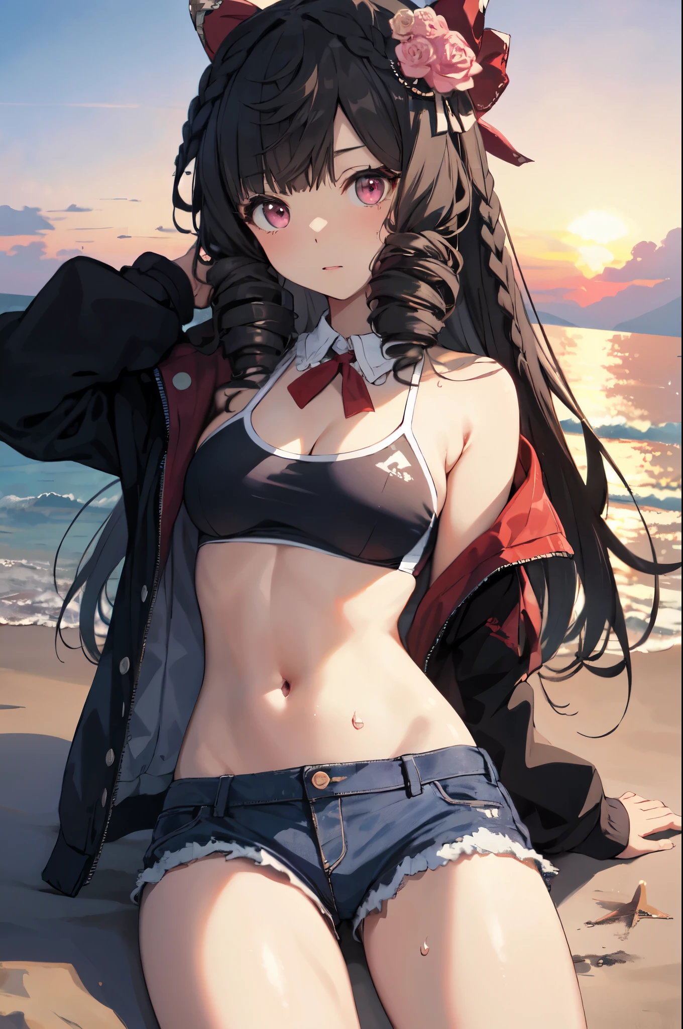 solo、 1 girl、Human Ear、(Red eyes)、(Villain、 is short、 flat chested)、(Vertical Roll、Vertical Roll、Long Hair、 hair tied at the back of the head with a big red ribbon、Flower hair ornament on the front )、( No Emotion)、( lying on your back on an air mattress )、( denim shorts、 thick black jacket 、Black bikini swimsuit)、(sweat、body fluid)、(Sunset sky、Sunset、Evening sky、 beachside)、(Centered on the chest、Oblique angle)、( high definition 、masterpiece、correct、 anatomically correct、Multiple Awards、最高quality、 detailed、 high definition モデル、高quality、quality、retina、非常に detailed、 textured skin、超 high definition )。