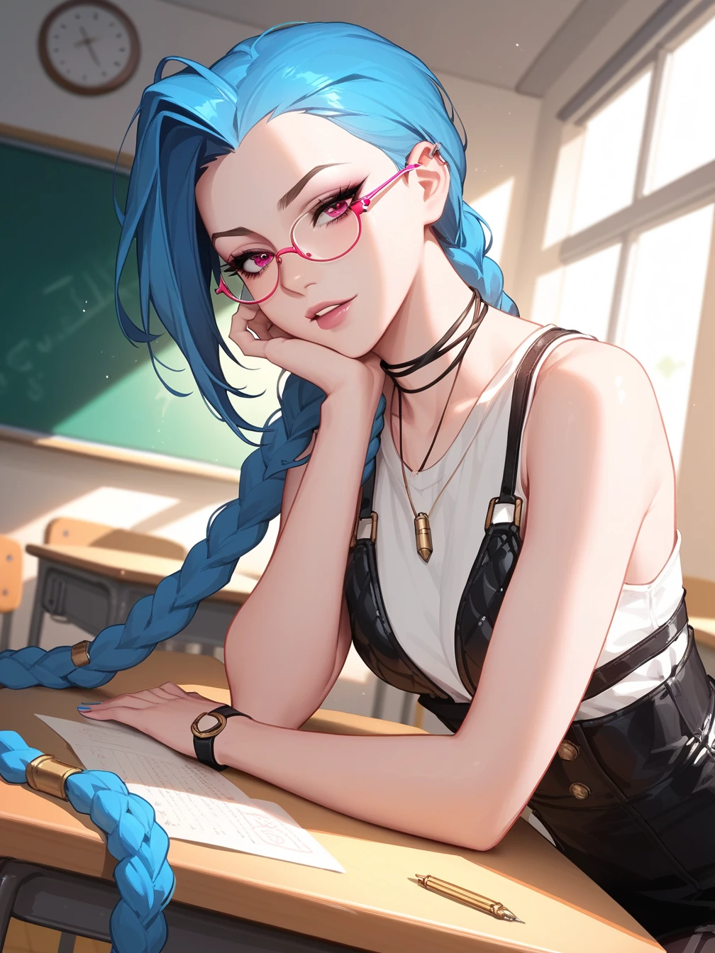 fit angle, anime, naughty girl like JINX, bored facial, buxom, glasses, in the classroom, evening light,