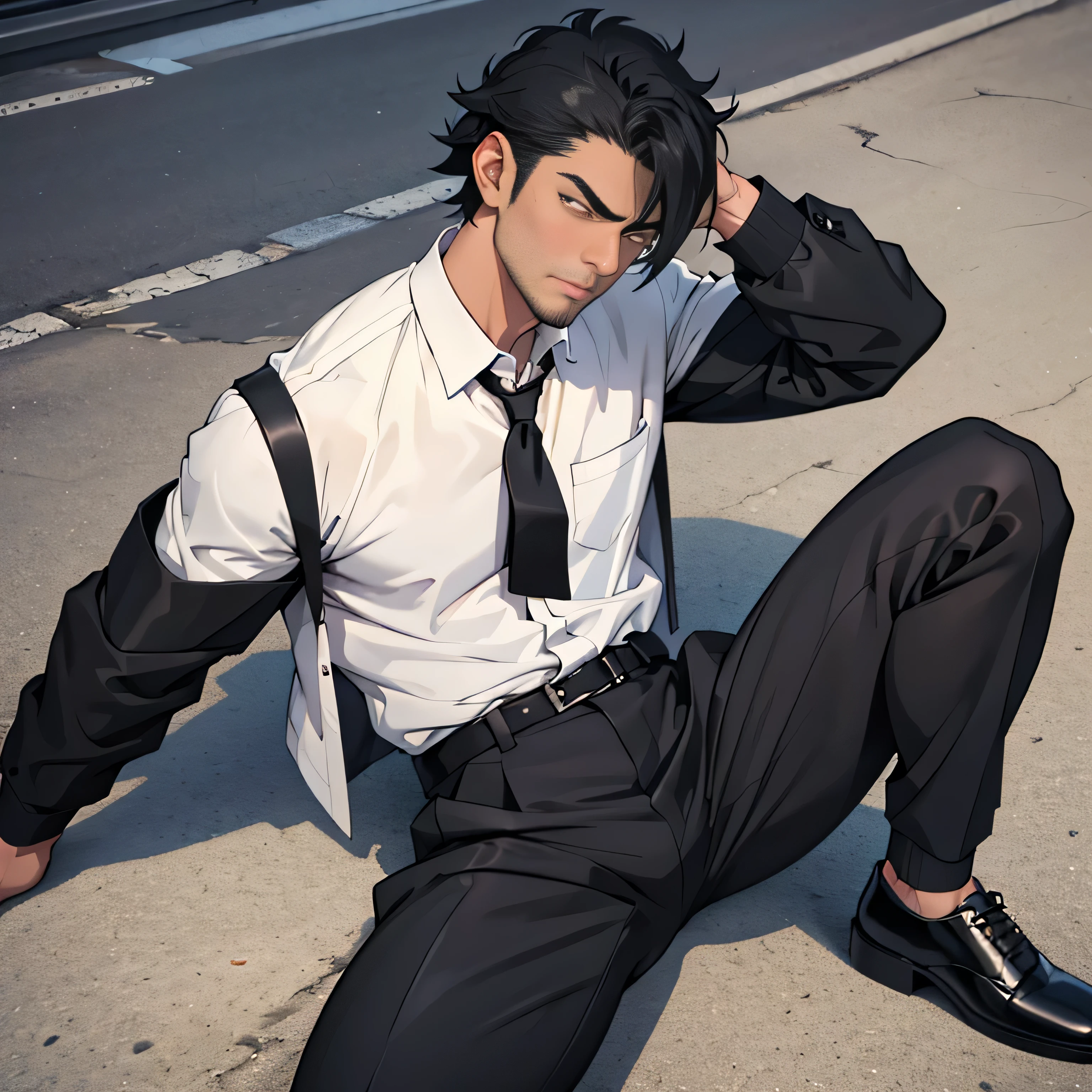 20 years old,,Simple white shirt、black tie,  black slim pants 、 lying on the ground  ,Spread your legs wider,black belt,Black socks,Black leather shoes,logic, Gay , black hair, Shorthair, thick eyebrows,Stubble, Lightly Set Your Hair with Wax , Hachiman Hachiman,Masculine,salaryman,Mob characters,Bad Actor , The crotch part of the pants is bulging, Erotic 3D Finish , 　View from above　Suffering face　 face up 　　