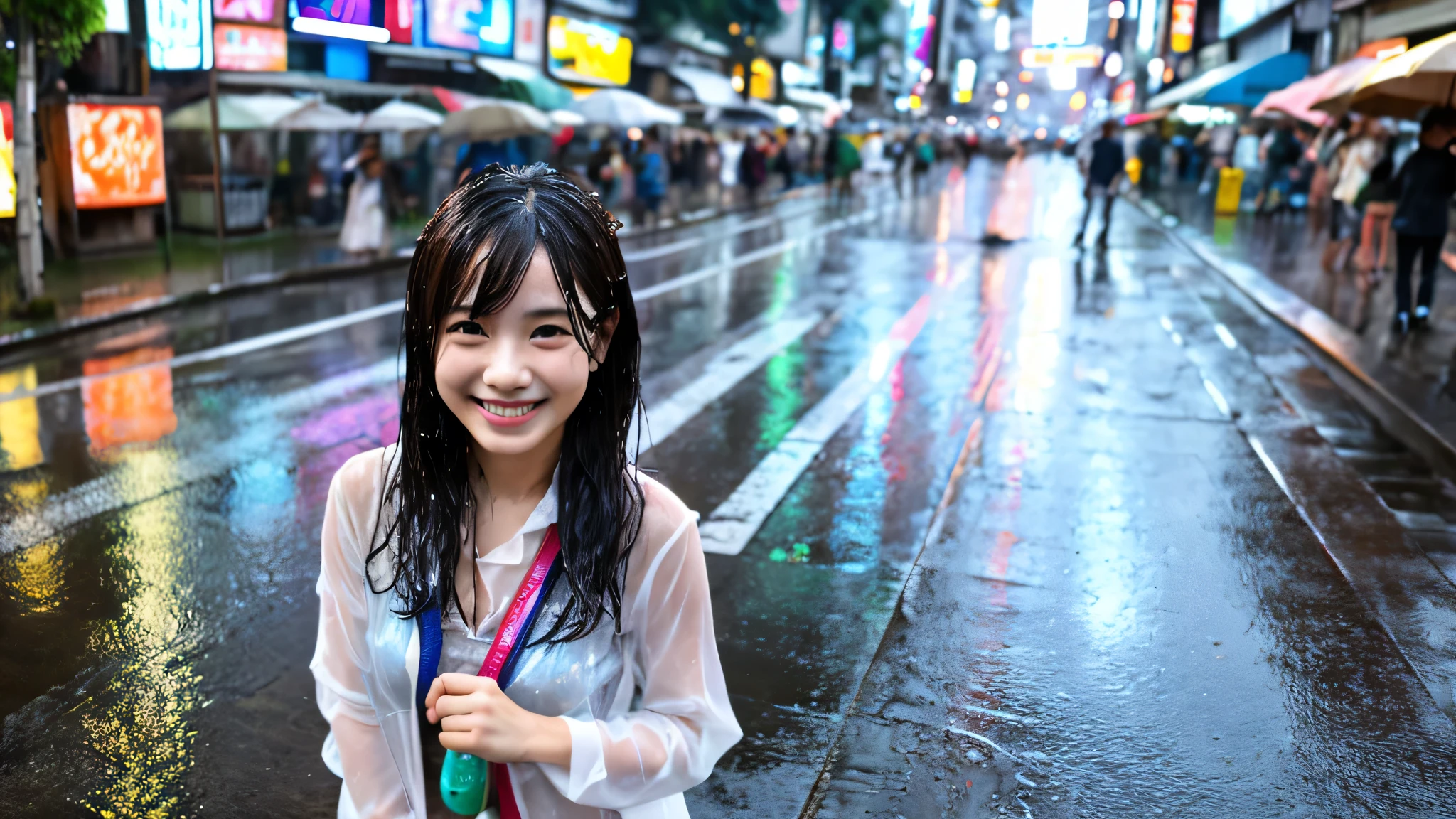 1 Japanese beautiful girl,28yo girl, Super beautiful detailed face, (smile:1.4), earrings, (blonde semi-long straight hair with parted bangs:1.6),(front view:1.5), (medium shot), (chubby body), (neutral-colored large areola:1.4),(nipples), BREAK, masterpiece, best quality, ultra quality, high quality, realistic, photo realistic, RAW photo, hyper detailed, intricate detaile,(crowded street:1.2),cinematic lighting,(completely nude:1.5), (wet body),(wet hair), ((dark cloud and sky)), raining, (rain filtered), (rain splashes in water),(lightning:1.3),(raindrops:1.1),(downpour:1.2),(raining:1.3),above knee shot,((from front)),(hairy pussy:1.1),(camel toe), (Naked_Transparent raincoat hood up),