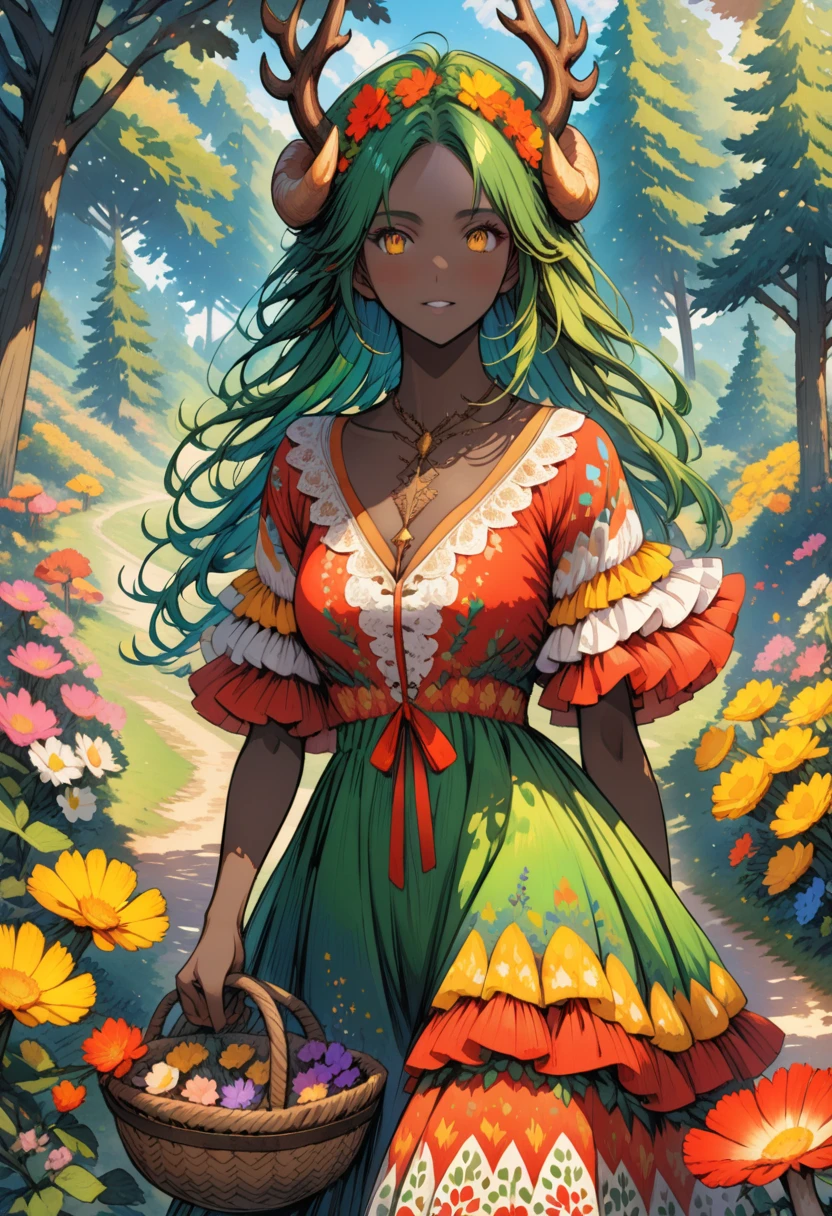 anime, beautiful, ,  The Devil with Horns ,  Black skin color ,  The dress is a lot of puff ,  Curvy hair ,  Beautiful Big yellow eyes,  in hand a basket of flowers ,  ulybka,  Background Summer Forest Day , Mushrooms, path,  fir cones on the ground , little Christmas trees , beautiful colors, rich colors ,  lots of details,  Complex Details , bright colors,  best quality , 8 k, 