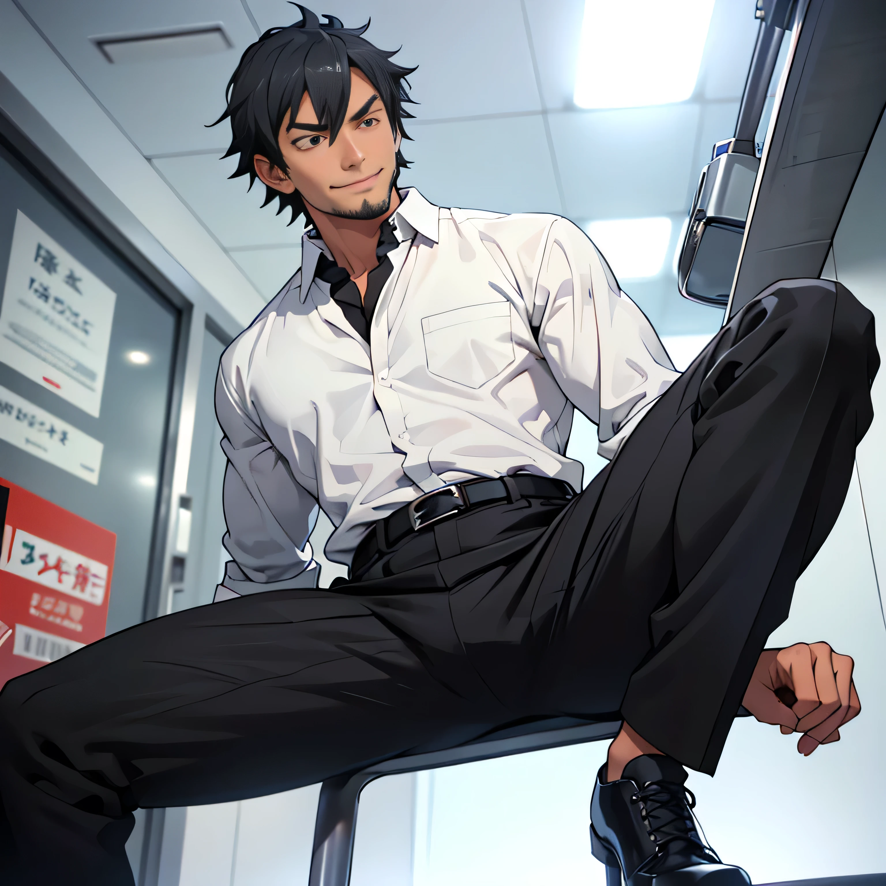 20 years old,,Simple white shirt、black tie,  black slim pants 、Cool fighting pose ,Spread your legs wider,black belt,Black socks,Black leather shoes,logic, Gay , black hair, Shorthair, thick eyebrows,Stubble, Lightly Set Your Hair with Wax , Hachiman Hachiman,Masculine,salaryman,Mob characters,Bad Actor , The crotch part of the pants is bulging, Erotic 3D Finish , 　View from below　The villain's smile　 face up 　　