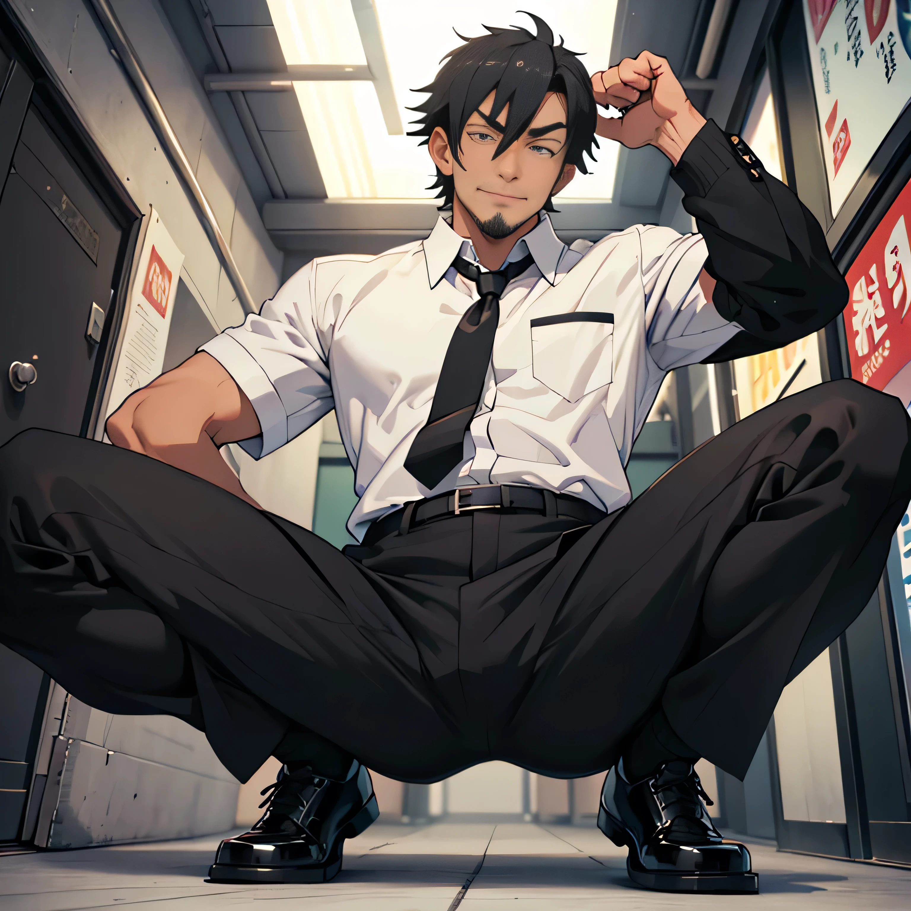 20 years old,,Simple white shirt、black tie,  black slim pants 、Cool fighting pose ,Spread your legs wider,black belt,Black socks,Black leather shoes,logic, Gay , black hair, Shorthair, thick eyebrows,Stubble, Lightly Set Your Hair with Wax , Hachiman Hachiman,Masculine,salaryman,Mob characters,Bad Actor , The crotch part of the pants is bulging, Erotic 3D Finish , 　View from below　The villain's smile　 face up 　　