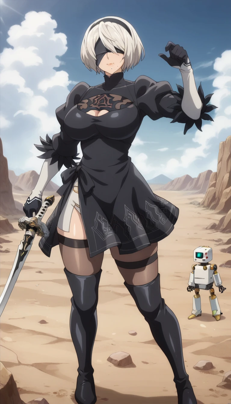 Prompt: (huge gigantic super mega hyper:1.2),(biggest round giant massive :1.2), (only one women) , front view,fighting robots,robot attack, standing,desert,sword,robot in background,sexy poses, source_anime,masterpiece,best quality,highres,absurdres,official art,official style,source_anime,anime screencap,anime coloring,megami magazine,anime,animated,explicit, shiny skin,large breasts,  white hair ,short hair, 2b ,nier automata,blush, side, on side,   2b,happy, sexy