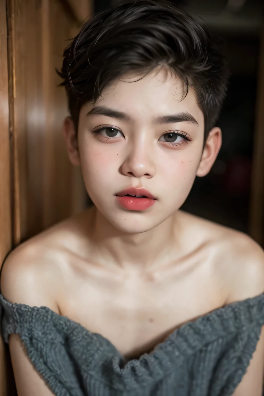 kecil Femboy berambut very Shorthaircut bogel, half body portrait. Highly detailed quality, naked flat breasts. thick (nipples thick:0.050), kain batik sarong & strapless bra, (red lipstick), half naked body, (Arm Muscles:1.15)