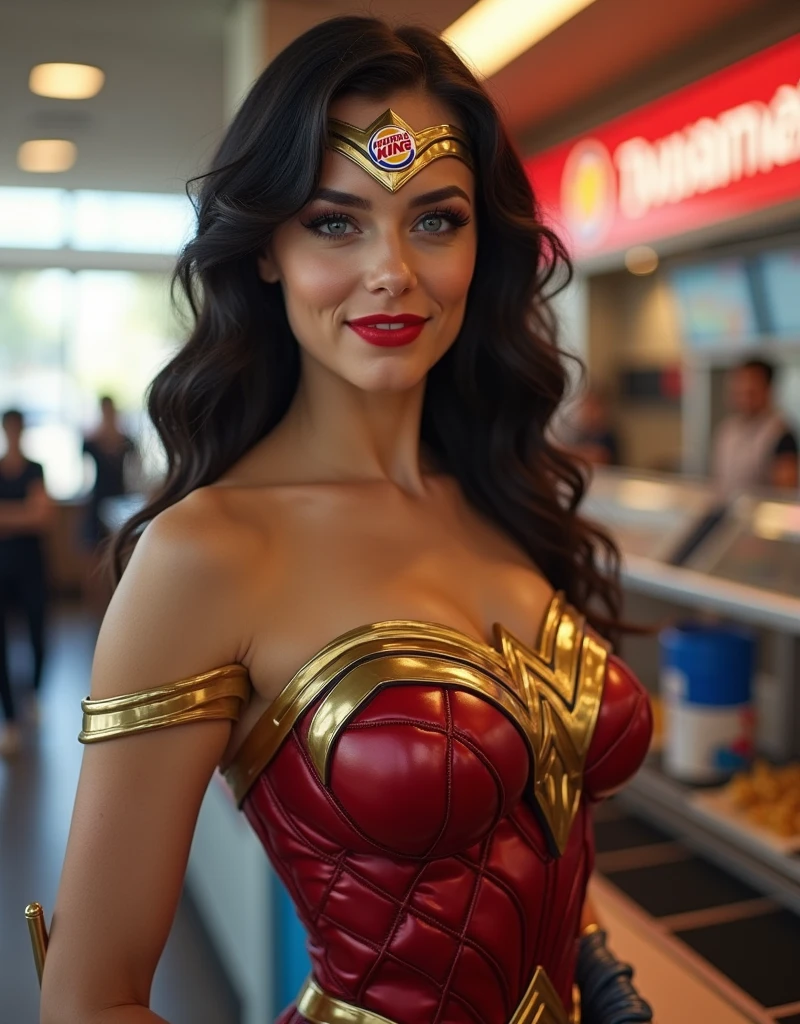 Make Wonder Woman very sexy in panties and bra at McDonald's