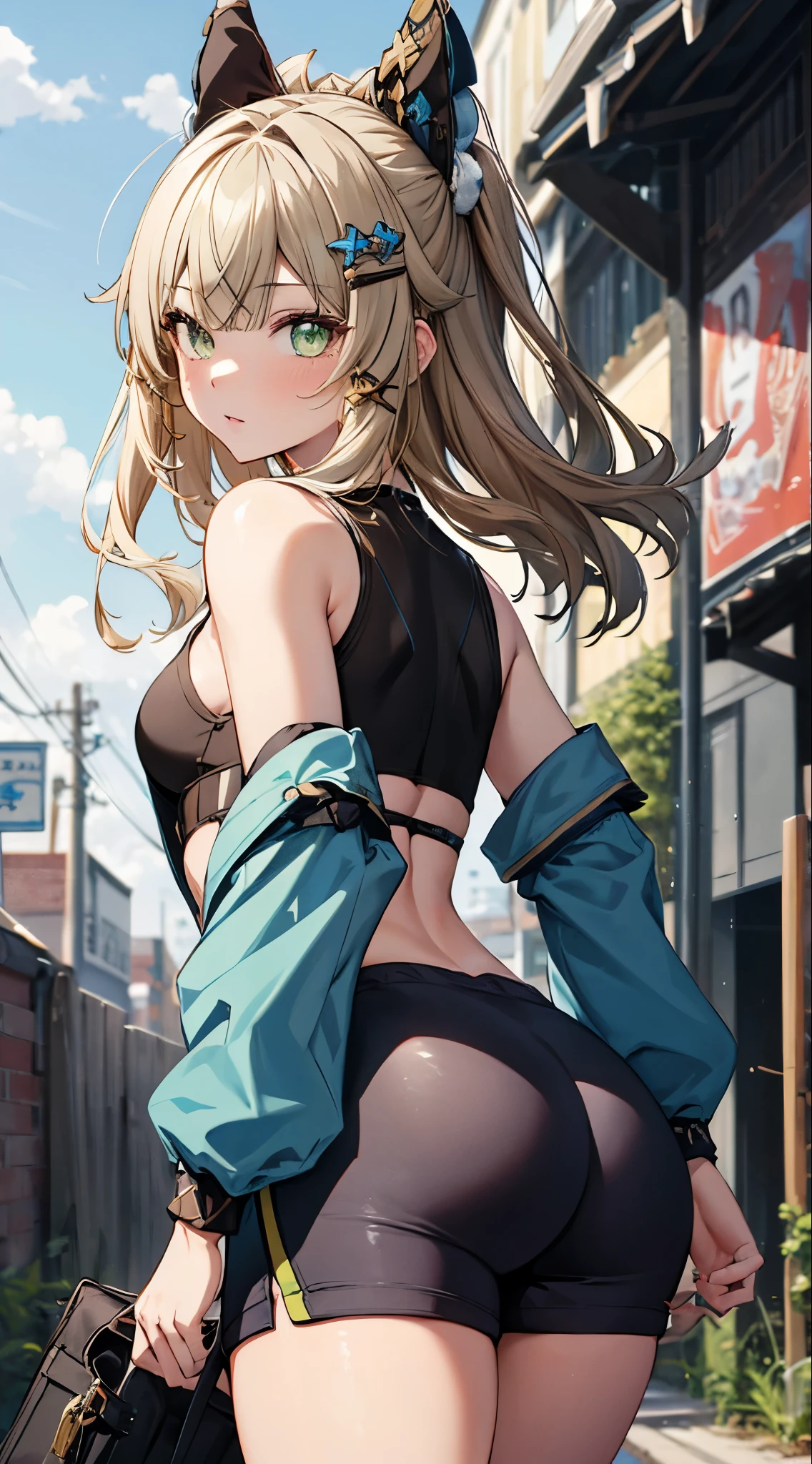 
kirara, genshin impact,1 girl, green eyes, blonde hair hair ornament, bare shoulders, black crop top,green jacket, Sportswear shorts, standing, outdoors, masterpiece, Noise Reduction, perfect anatomy, high resolution, ultra-detailed, ultra-detailed face ,beautiful detailed eyes, perfect body, visual art, sparkling pupils, looking back at viewer, (((big ass)))
