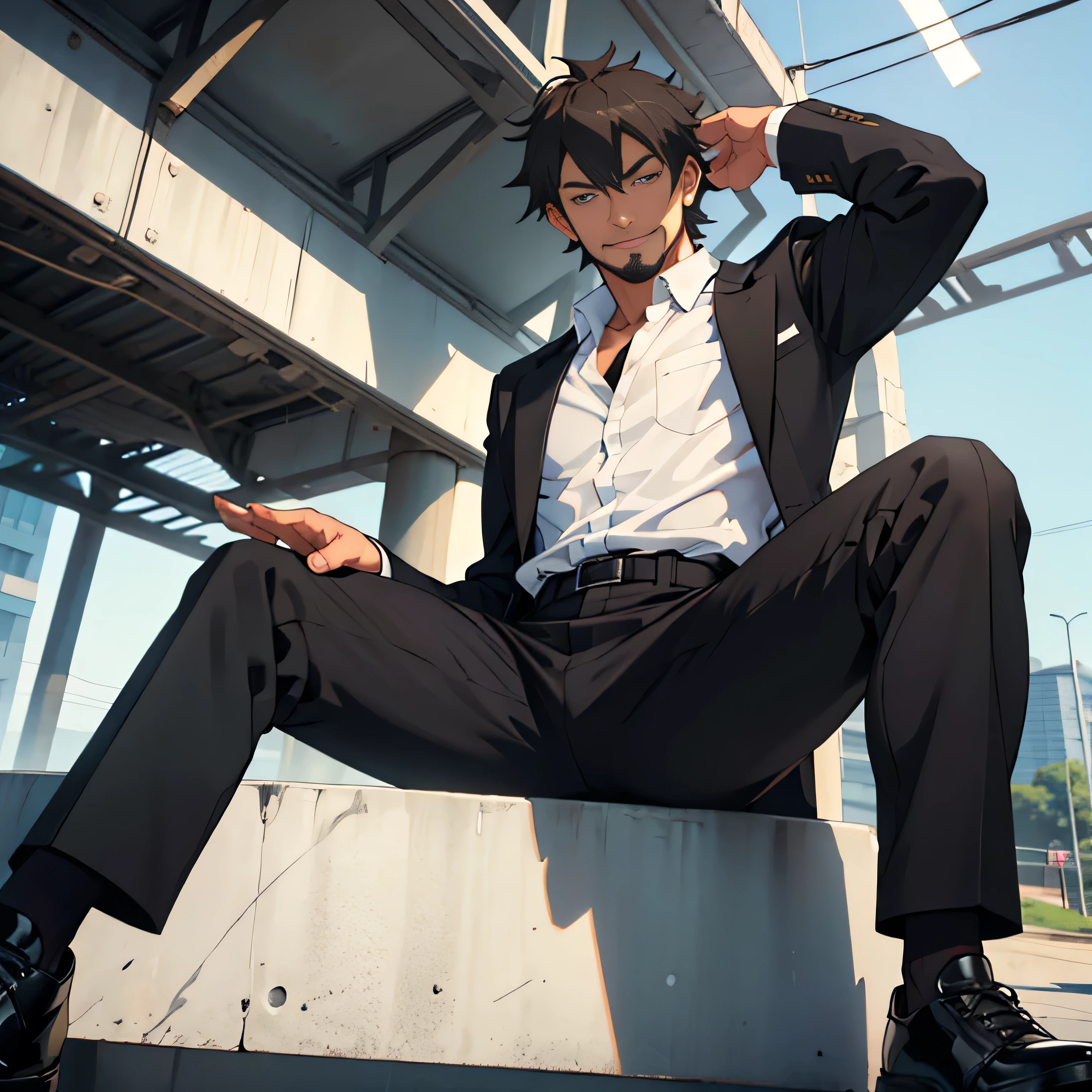 20 years old,,Simple white shirt、black tie,  black slim pants 、Cool fighting pose ,Spread your legs wider,black belt,Black socks,Black leather shoes,logic, Gay ,Brown Hair, Shorthair, thick eyebrows,Stubble, Lightly Set Your Hair with Wax , Hachiman Hachiman,Masculine,salaryman,Mob characters,Bad Actor , The crotch part of the pants is bulging, Erotic 3D Finish , 　View from below　The villain's smile　 face up 　　