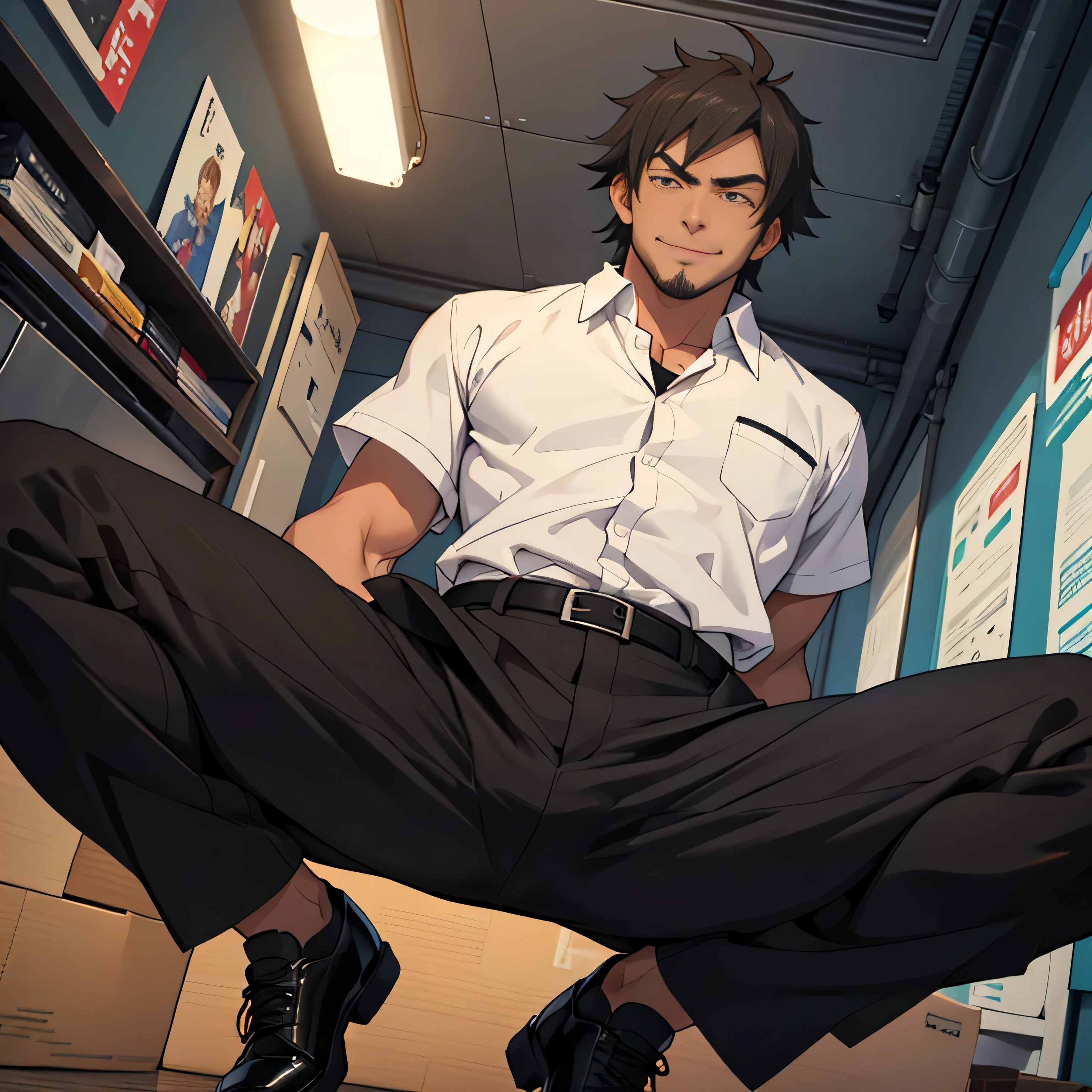 20 years old,,Simple white shirt、black tie,  black slim pants 、Cool fighting pose ,Spread your legs wider,black belt,Black socks,Black leather shoes,logic, Gay ,Brown Hair, Shorthair, thick eyebrows,Stubble, Lightly Set Your Hair with Wax , Hachiman Hachiman,Masculine,salaryman,Mob characters,Bad Actor , The crotch part of the pants is bulging, Erotic 3D Finish , 　View from below　The villain's smile　 face up 　　