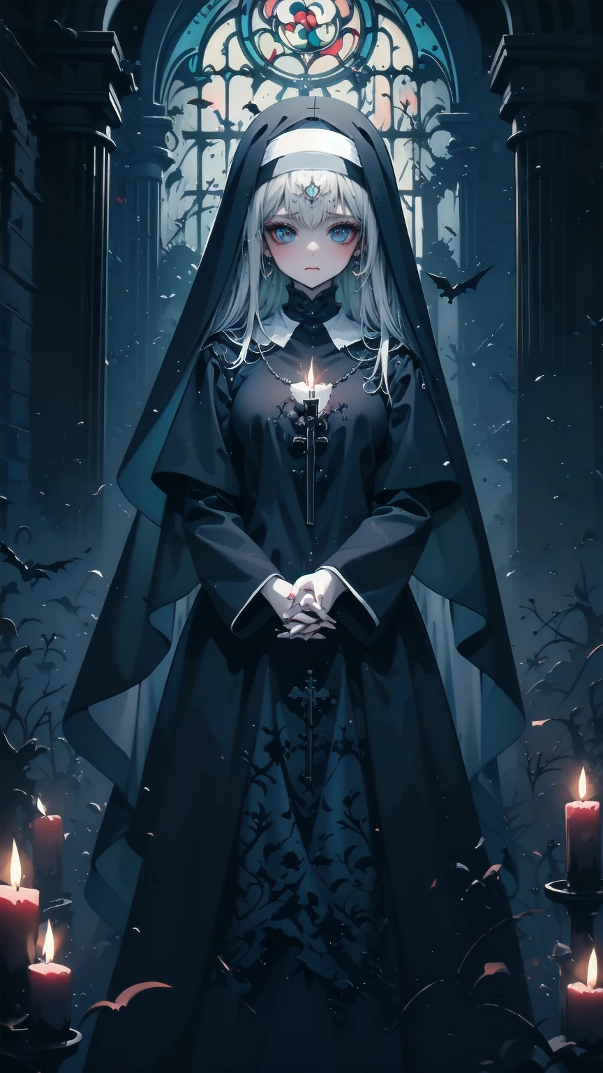 Illustration,  best quality,   1 girl,    Nun with Silver Hair and Bright Blue Eyes ,   Above Broken Walls   ,    Holding Hands and Praying   , solemn look  ,    Dark Church of Satanic Worship    ,Devil's statue ,    Dark Nun Without Stained Glass  ,   Candlelight only  ,   dark and gloomy atmosphere  ,  Despair and Helplessness  ,    gothic and eerie atmosphere   ,    Dark Nun Clothes Reflecting Shadows   