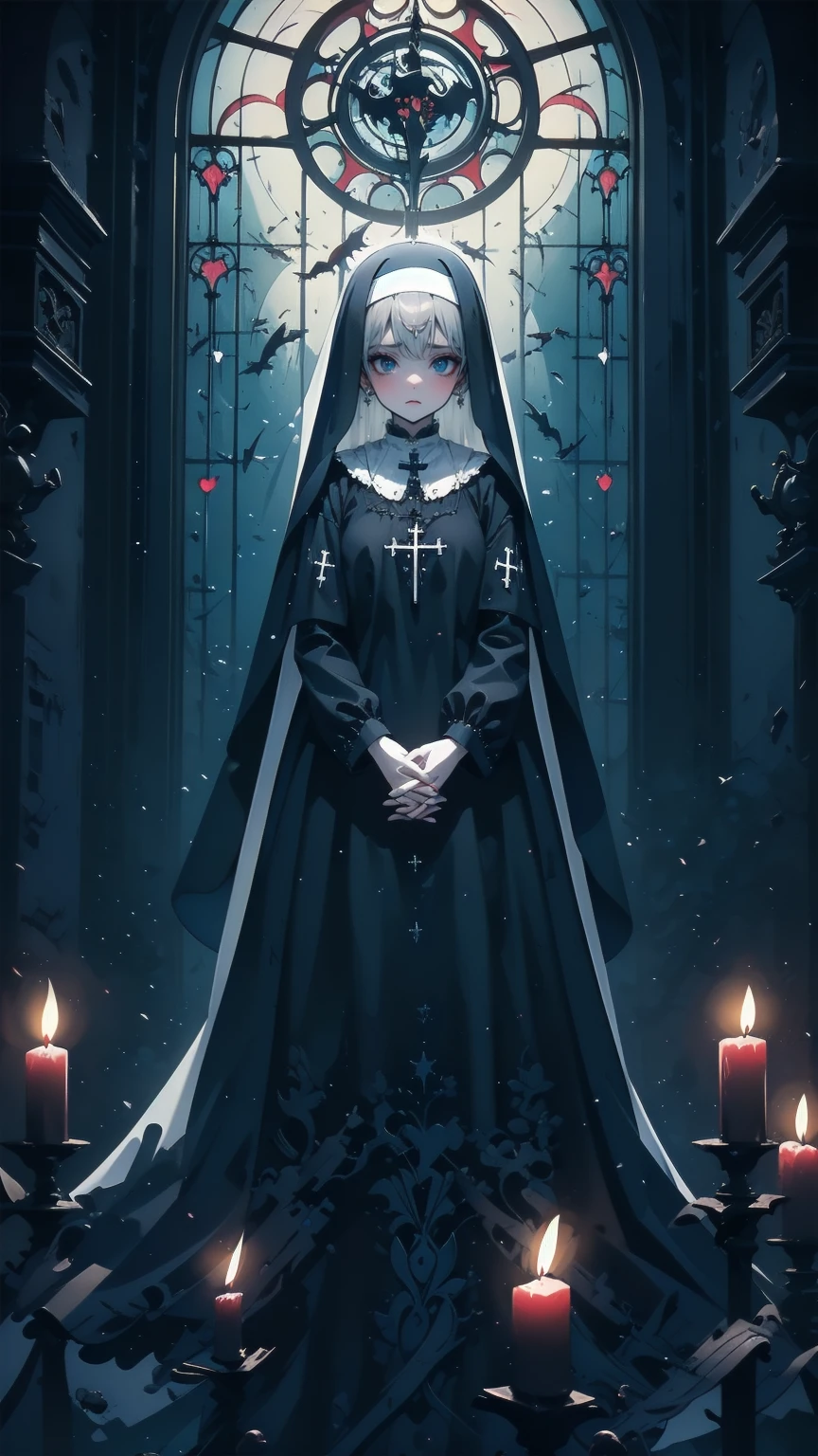 Illustration,  best quality,   1 girl,    Nun with Silver Hair and Bright Blue Eyes ,   Above Broken Walls   ,    Holding Hands and Praying   , solemn look  ,    Dark Church of Satanic Worship    ,Devil's statue ,    Dark Nun Without Stained Glass  ,   Candlelight only  ,   dark and gloomy atmosphere  ,  Despair and Helplessness  ,    gothic and eerie atmosphere   ,    Dark Nun Clothes Reflecting Shadows   