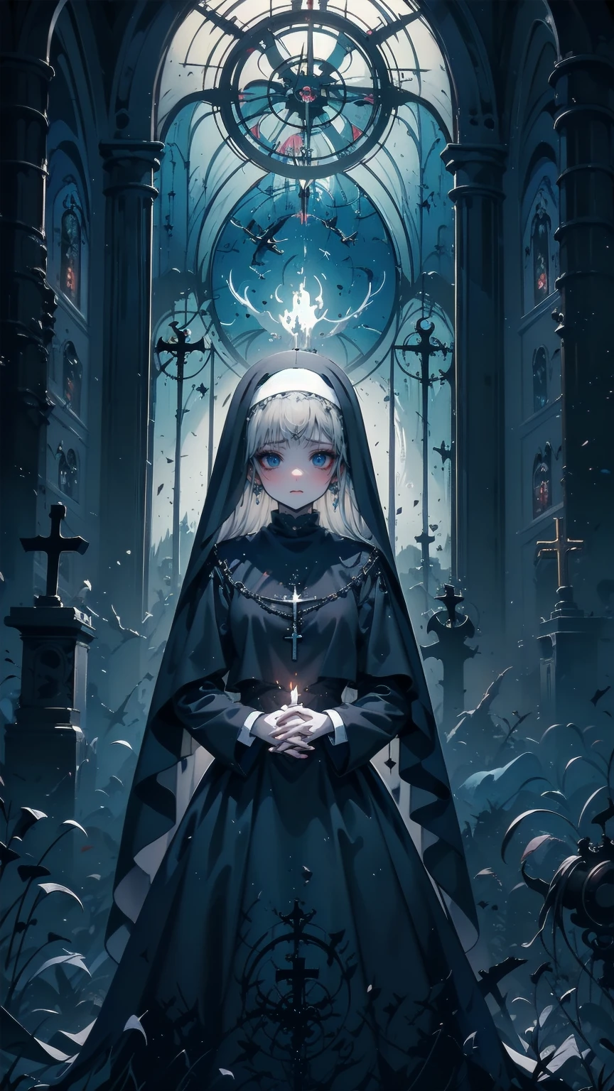 Illustration,  best quality,   1 girl,    Nun with Silver Hair and Bright Blue Eyes ,   Above Broken Walls   ,    Holding Hands and Praying   , solemn look  ,    Dark Church of Satanic Worship    ,Devil's statue ,    Dark Nun Without Stained Glass  ,   Candlelight only  ,   dark and gloomy atmosphere  ,  Despair and Helplessness  ,    gothic and eerie atmosphere   ,    Dark Nun Clothes Reflecting Shadows   