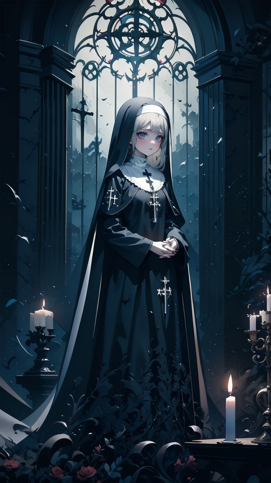 Illustration,  best quality,   1 girl,    Nun with Silver Hair and Bright Blue Eyes ,   Above Broken Walls   ,    Holding Hands and Praying   , solemn look  ,    Dark Church of Satanic Worship    ,Devil's statue ,    Dark Nun Without Stained Glass  ,   Candlelight only  ,   dark and gloomy atmosphere  ,  Despair and Helplessness  ,    gothic and eerie atmosphere   ,    Dark Nun Clothes Reflecting Shadows   