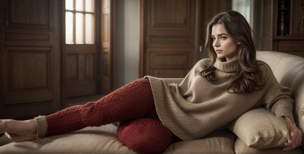 A full-body shot of Cri is sitting at the grand piano in a cozy, warmly lit room filled with books. ((She wears a red oversized sweater with a wide neckline, short skirt and brown leggins)). She has short flowing brown bob hairs. She speak and look at the viewer. Masterpiece, UHD, retina quality, masterpiece, precise, anatomically accurate, textured skin, extremely detailed, highly detailed, top quality, award-winning, best quality, high-resolution, 16k, 8k.
