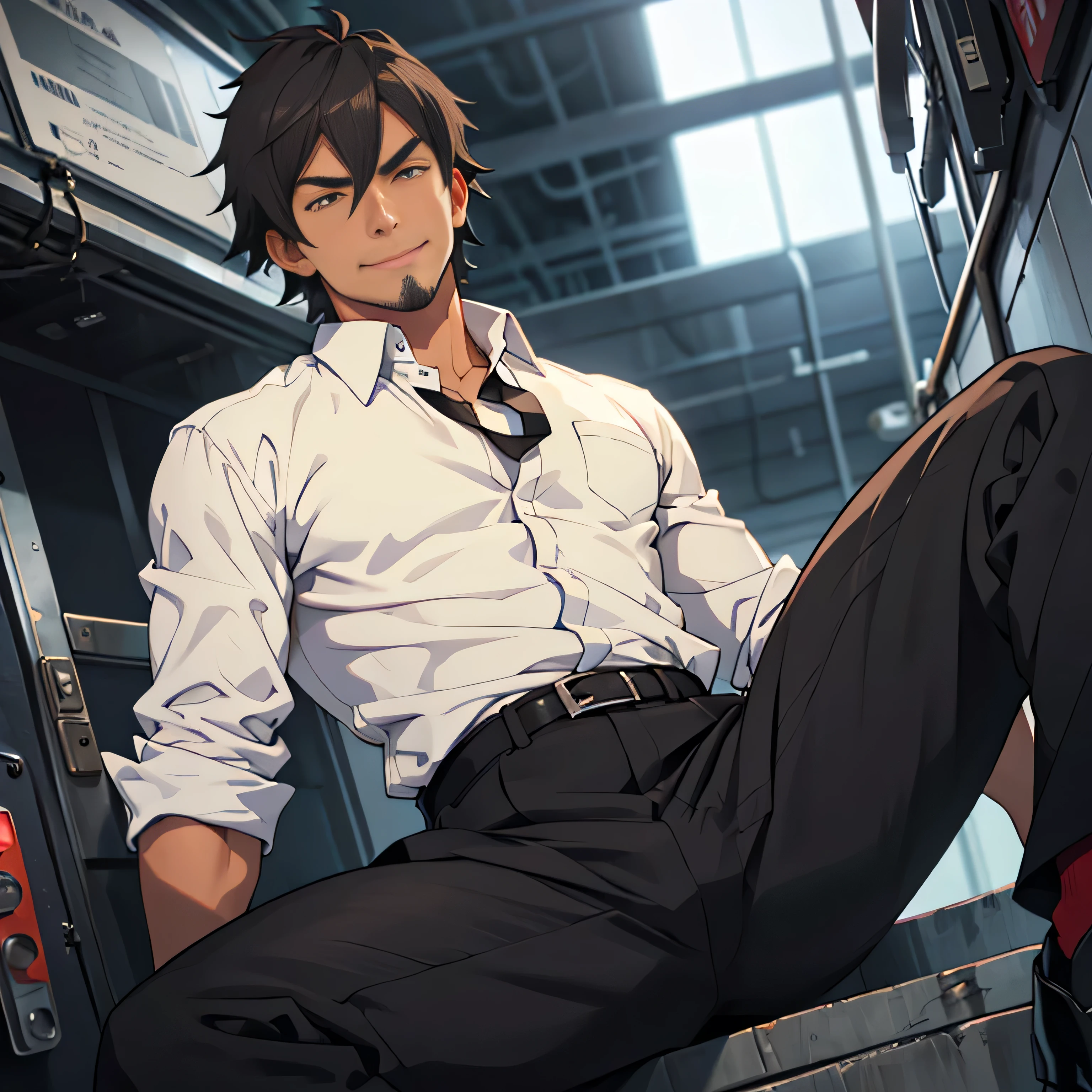 20 years old,,Simple white shirt、black tie,  black slim pants 、Cool fighting pose ,Spread your legs wider,black belt,Black socks,Black leather shoes,logic, Gay ,Brown Hair, Shorthair, thick eyebrows,Stubble, Lightly Set Your Hair with Wax , Hachiman Hachiman,Masculine,salaryman,Mob characters,Bad Actor , The crotch part of the pants is bulging, Erotic 3D Finish , 　View from below　The villain's smile　 face up 　　