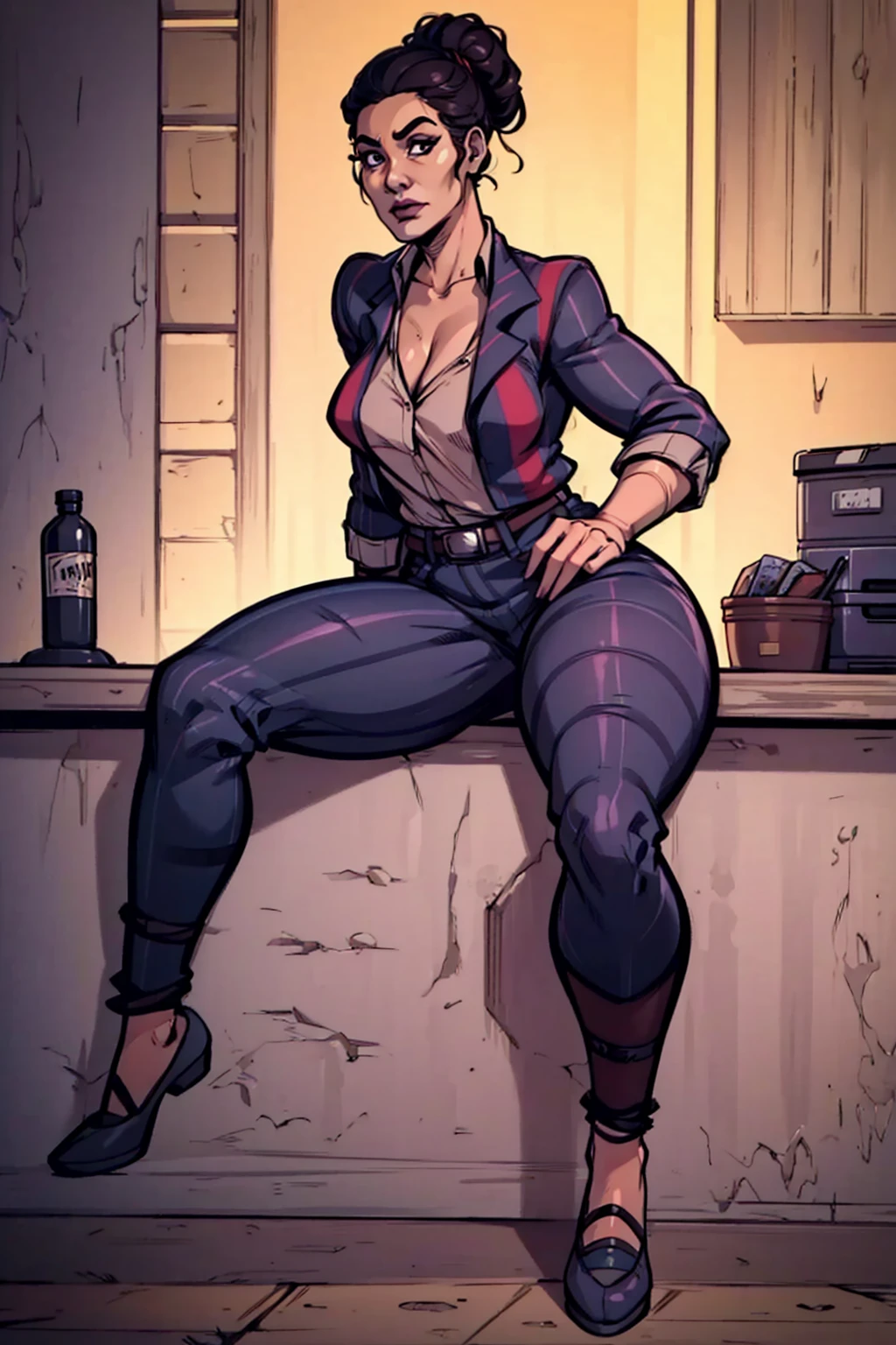 Digital art, highly detailed, angled view, sexy sitting pose, mature woman, adult female, full curvy figure, whole body, form-fitting, Jane Romero (Dead by Daylight) inspired costume, pinstriped blazer, blouse, belt, pinstriped baggy pants that ends above the ankle, belt, flat office shoes, 1woman, solo, upper body, lower body, ((Extremely Detailed)), ((Best Quality)), ((Masterpiece)), ((4k)).
