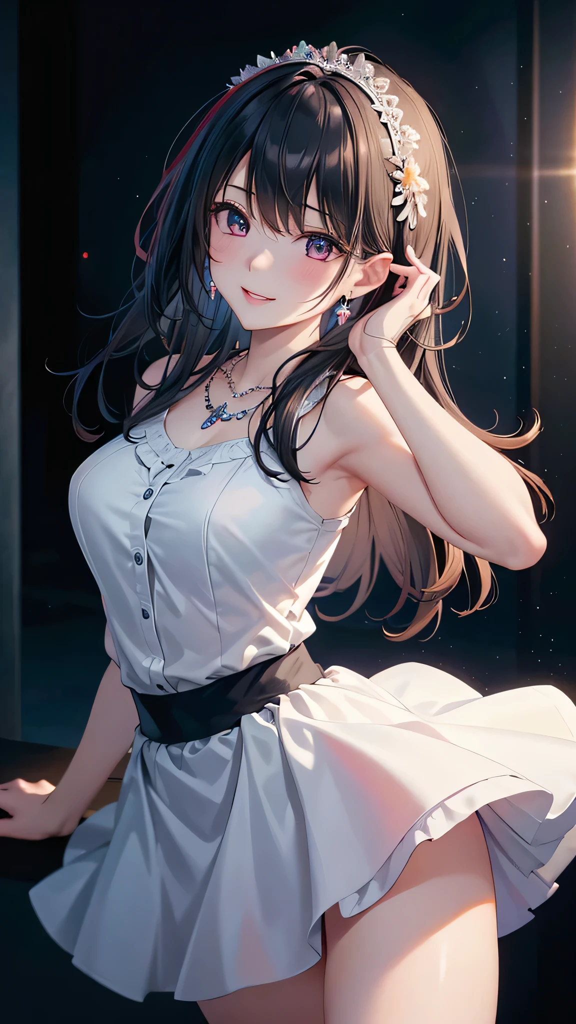 best quality, masterpiece, high resolution, 1 Girl, clear silk porcelain skirt, Pretty Face, Hair accessories, Looking at the audience, Smile, shut your mouth, Lips, skirt, Hair accessories, necklace, jewelry, Long hair, earrings, Pretty Face, Physically, The Tyndall effect, realism, Dark Studio, Side lighting, Two-color lighting, (High Detail Skin: 1.2), 8K Ultra HD, DSLR camera, Soft Light, high quality, Volumetric Lighting, photo, high resolution 4K, 8k, Blurred background, Octane Render