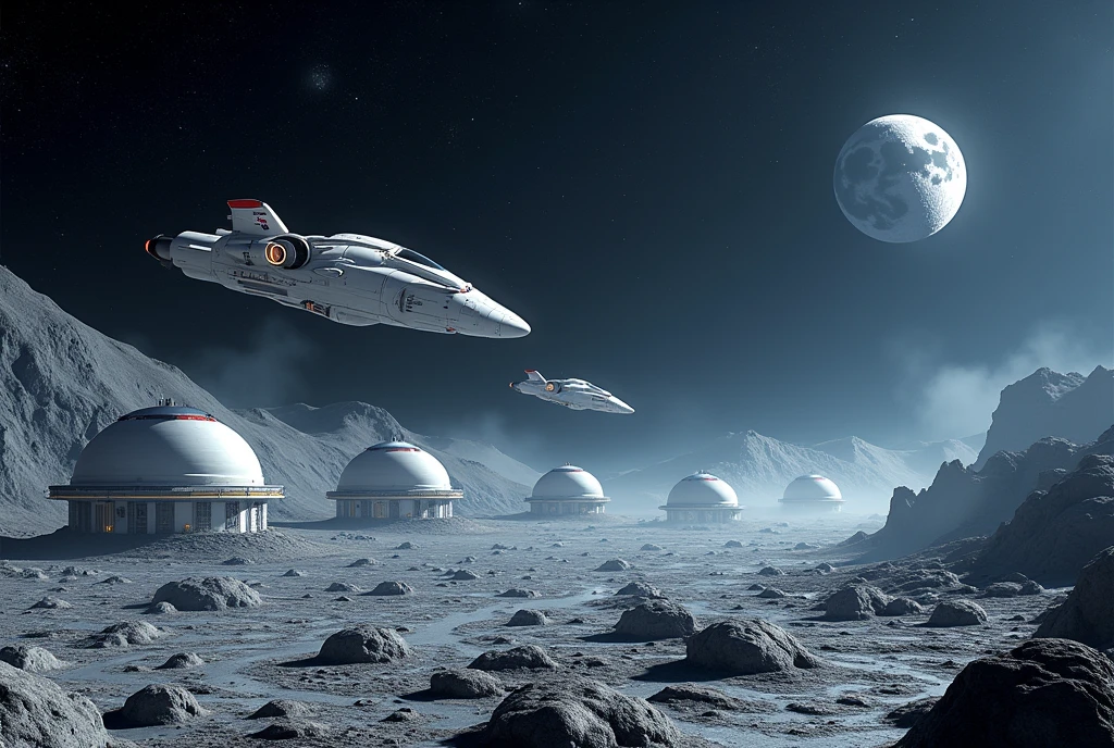 3D animation, theme is "Moon Base", several white domes are scattered in a wide crater, each dome is decorated with a national flag, each country is competing to develop the moon's underground resources, the moon's surface is frequented by resource transport spacecraft that take off and land, the dark moon surface, distant outer space spreads, sophisticated design, advanced lighting technology, 8K quality