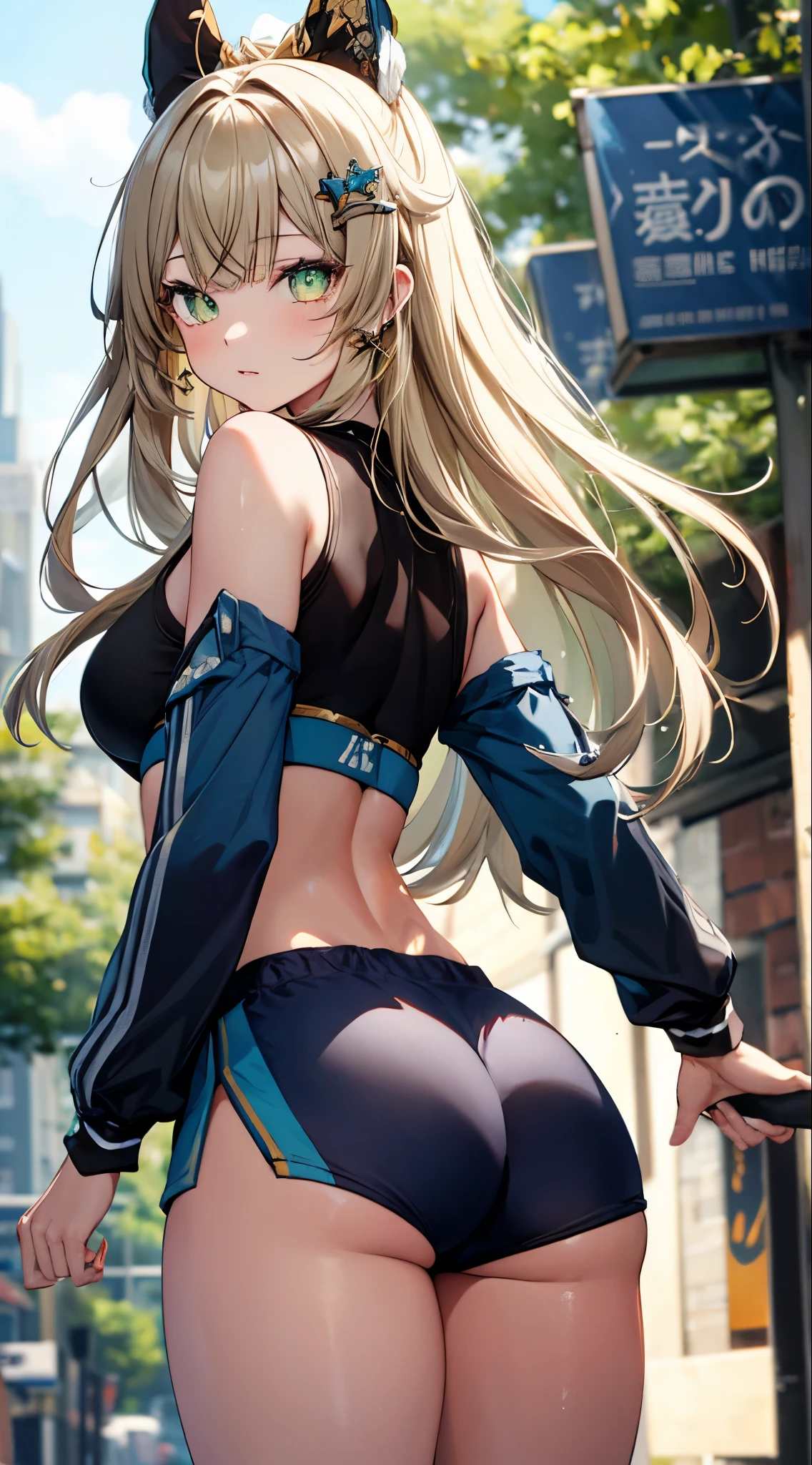 
kirara, genshin impact,1 girl, green eyes, blonde hair hair ornament, bare shoulders, black crop top,green jacket, Sportswear shorts, standing, outdoors, masterpiece, Noise Reduction, perfect anatomy, high resolution, ultra-detailed, ultra-detailed face ,beautiful detailed eyes, perfect body, visual art, sparkling pupils, looking back at viewer, (((big ass)))
