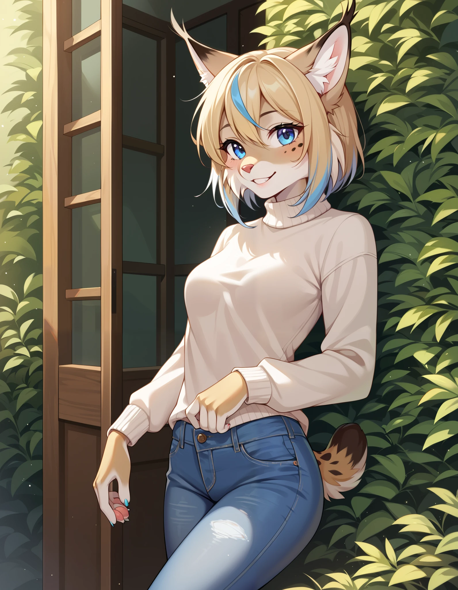 score_9,score_8_up,score_7_up,source_anime, 1girl, solo, digital_media_(artwork) hi_res,, beautiful, anthro, furry, female, furry female, detailed textured fur, fur tufts, lynx, slim, slender, small breasts, cute, sweater, denim jeans, multicolor hair, streaked hair, red blue blonde silver hair, blonde fur, beautiful blue eyes, smile, solo,