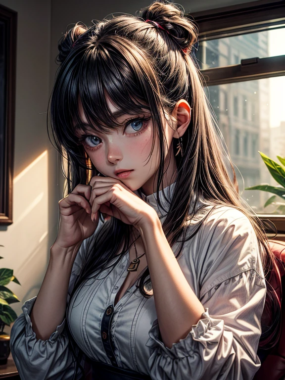 Masterpiece, beautiful art, professional artist, 8k, very detailed face, very detailed hair, very detailed clothes, 1 girl, solo, ((long straight blue hair)), (hazel eyes), ((cat ears)), beautiful face, long eyelashes, natural eyebrows, ((pink latex suit)), sitting sexily, looking at viewer, earrings, ear piercing, large breasts, thick, cleavage, open clothes, pale skin, flirty smile, juicy lips, posing sexily, sultry eyes, ((long bangs)), ((long braided tails)), choker, necklace