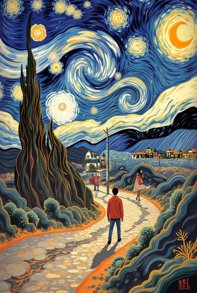 Van Gogh's Starry Sky,a starry sky and a village, in the style of art nouveau organic flowing lines.futuristic chromatic wavesintricate and bizarre illustrationsswirling vortexesdetailed character illustrationscolorful turbulencehigh resolution
,masterpiece,best quality,