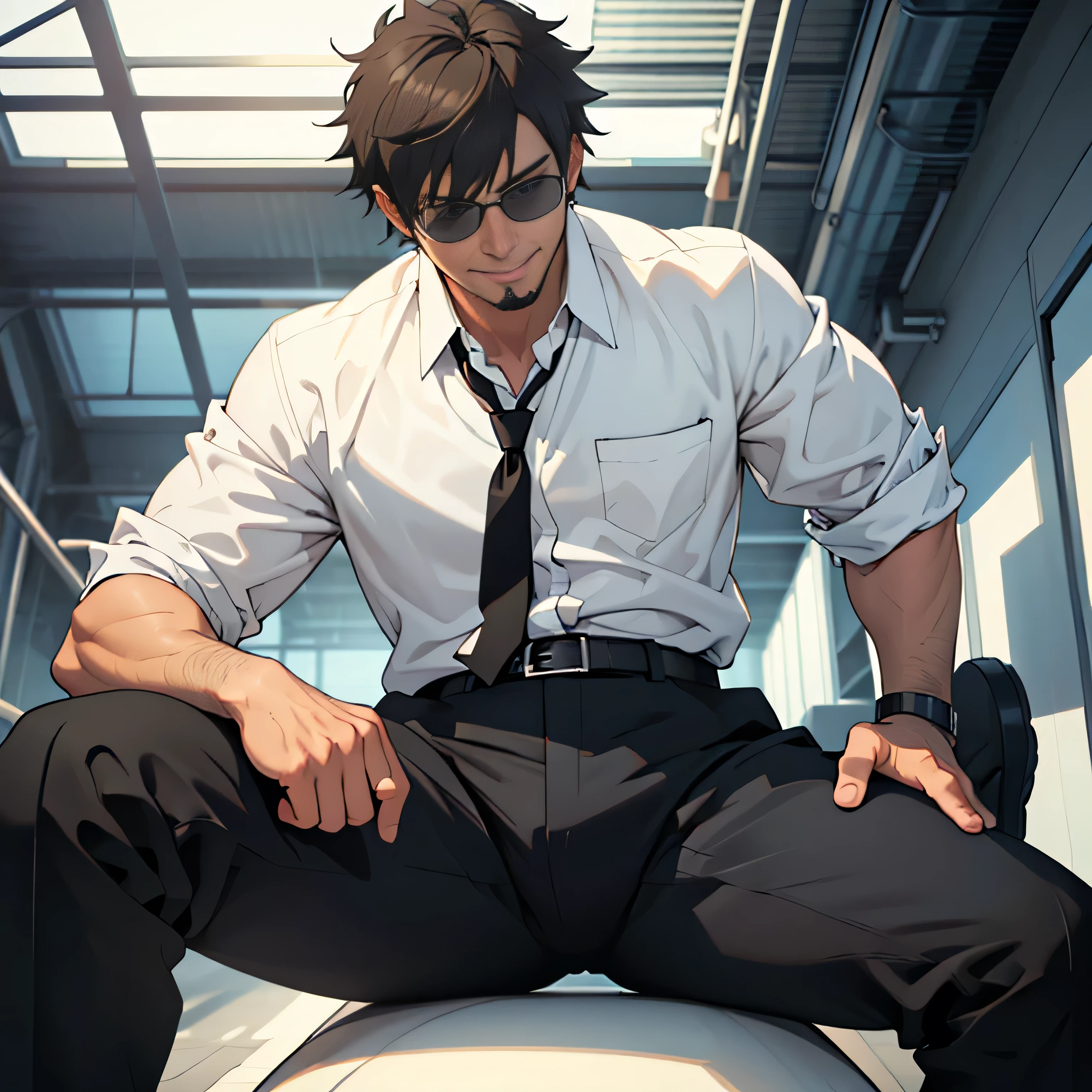 20 years old,,Simple white shirt、black tie,  black slim pants 、Cool fighting pose ,Spread your legs wider,black belt,Black socks,Black leather shoes,logic, Gay ,Brown Hair, Shorthair, thick eyebrows,Stubble, Lightly Set Your Hair with Wax , Hachiman Hachiman,Masculine,salaryman,Mob characters,Bad Actor , The crotch part of the pants is bulging, Erotic 3D Finish , 　View from below　The villain's smile　 face up 　　 black sunglasses that don't depict me