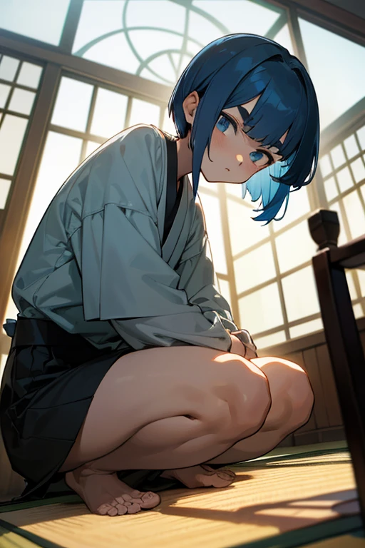 (masterpiece, Best quality), One, 1 girl, корfromкий hair, blue hair, Chinese, grey dress, корfromкий, смfromреть сквозь, All, Shy, Poor, Barefoot, Blue eyes, корfromкий sleeves, Gray kimono, bare legs, Wet clothes, from_Side, is sitting,Upper body, veranda, Close-up, Looking at the viewer, 1 oak tree in the background, sandy Japanese courtyard,