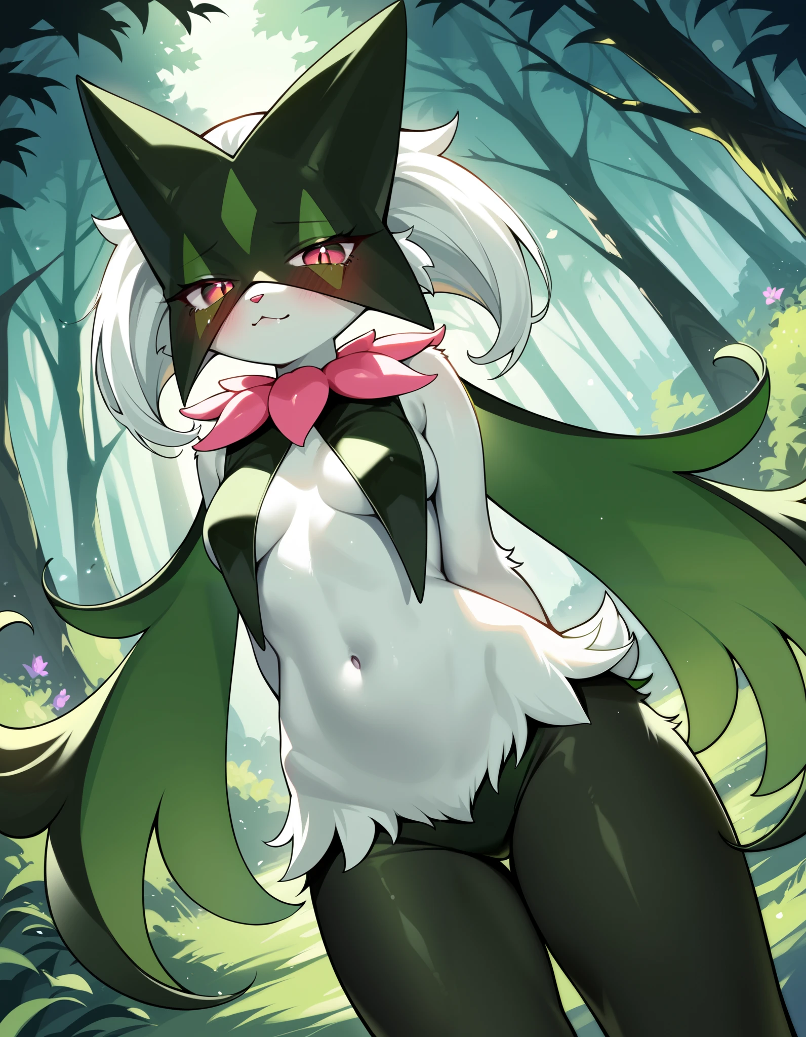 score_9,score_8_up,score_7_up, source_furry, meowscarada from Pokemon, tall slender body, furry body, eyes half open, medium breasts, :3, nipples, pussy,lying on her back, legs spread, blushing, bashful smile, hands to her face, on a grassy field