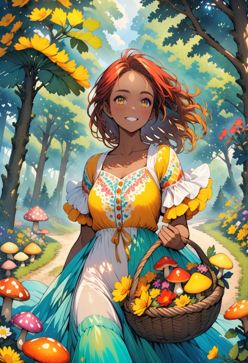 anime, beautiful, girl, Twisted , Joy,  dark skin,  The dress is a lot of puff ,  Curvy hair ,  Beautiful Big yellow eyes,  in hand a basket of flowers ,  ulybka,  Background Summer Forest Day , Mushrooms, path,  fir cones on the ground , little Christmas trees , beautiful colors, rich colors ,  lots of details,  Complex Details , bright colors,  best quality , 8 k, 