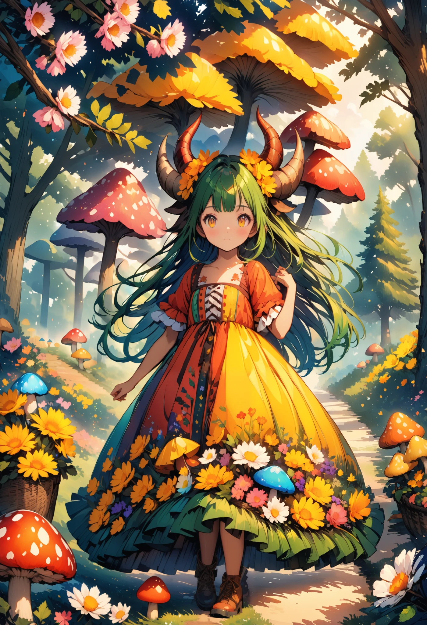 anime, beautiful, girl,  The Devil with Horns ,  cute little horns are twisted, Twisted ,  Black skin color ,  The dress is a lot of puff ,  Curvy hair ,  Beautiful Big yellow eyes,  in hand a basket of flowers ,  ulybka,  Background Summer Forest Day , Mushrooms, path,  fir cones on the ground , little Christmas trees , beautiful colors, rich colors ,  lots of details,  Complex Details , bright colors,  best quality , 8 k, 